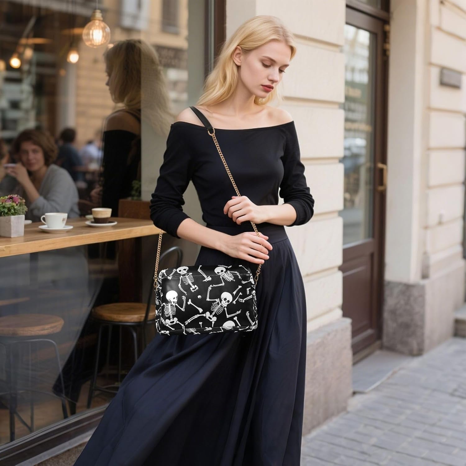 Skeleton Halloween Black Skull Small Crossbody Bags Vegan Leather Women's Purses Zip Shoulder Handbag