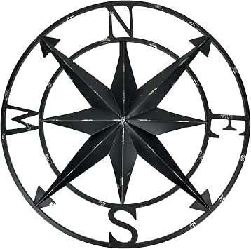 Zeckos Distressed Metal Nautical Compass Rose Wall Decor - Rustic 20-Inch Diameter Hanging Art with Vintage Black Enamel Finish - Perfect for Indoor and Outdoor Display