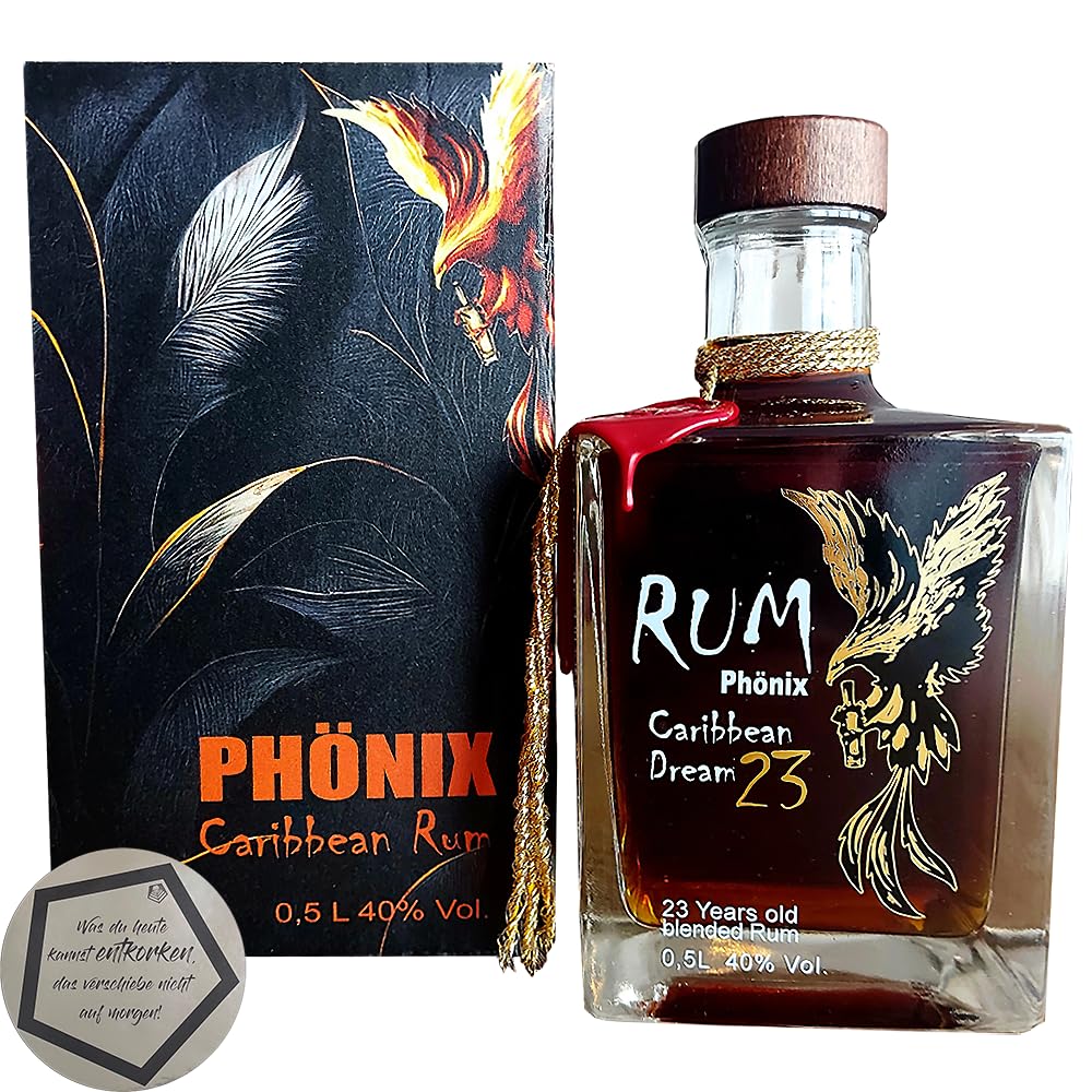 1 Flasche Phönix | Caribbean Dream 23 Years Old Blended Rum 0.5 l 40% vol inkl. LOVEVINO Silver Button Sticker