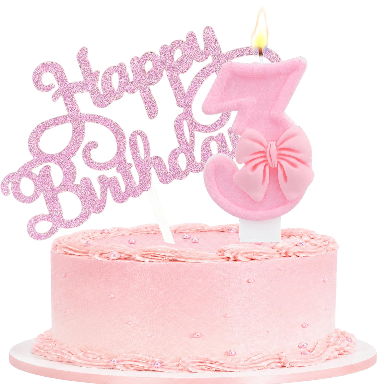 Birthday Candle with Pink Bow Cake Topper for Party, Number 3