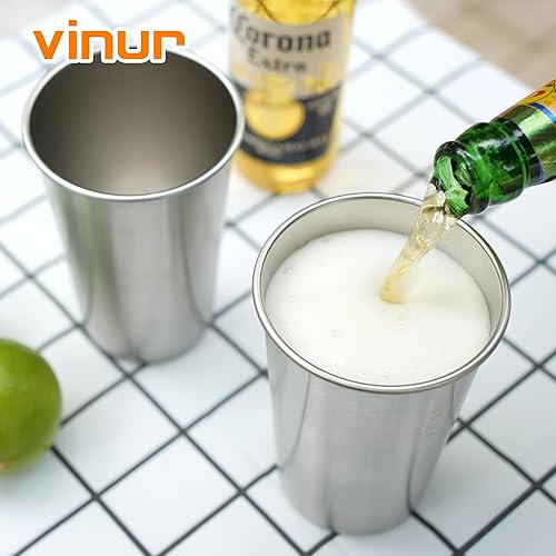 Miniatura 7 de VINUR Vasos de acero inoxidable de 16 onzas, paquete de 4 vasos de pinta apilables de metal para viajes, campamento, exteriores (morado, rosa, azul