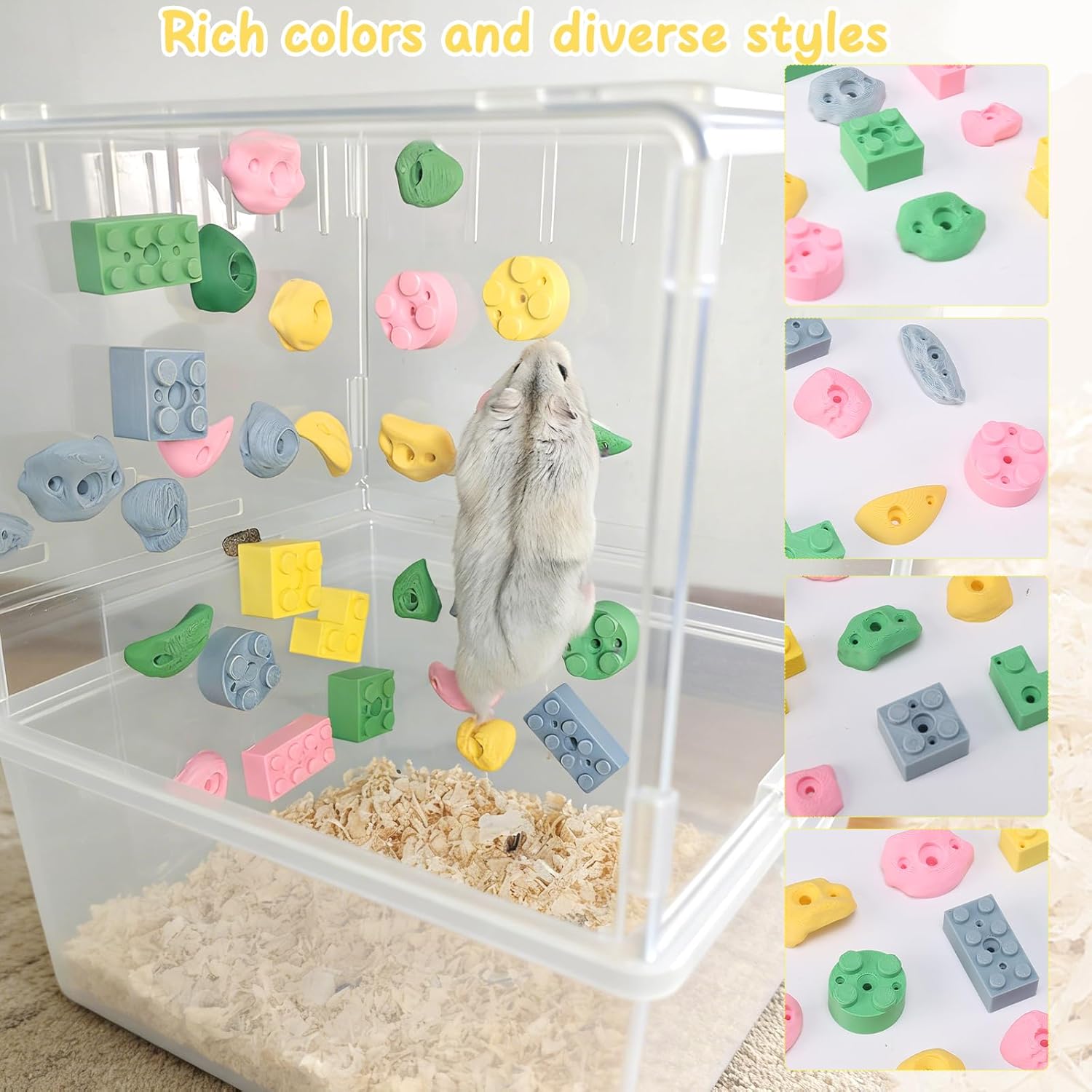 Hamster Climbing Wall Toys, DIY Colorful Rock with Traceless Adhesive, Small Animal Cage Accessories & Exercise Enrichment for Syrian, Dwarf Hamsters, Gerbils, Guinea Pigs (Random 24 pcs)