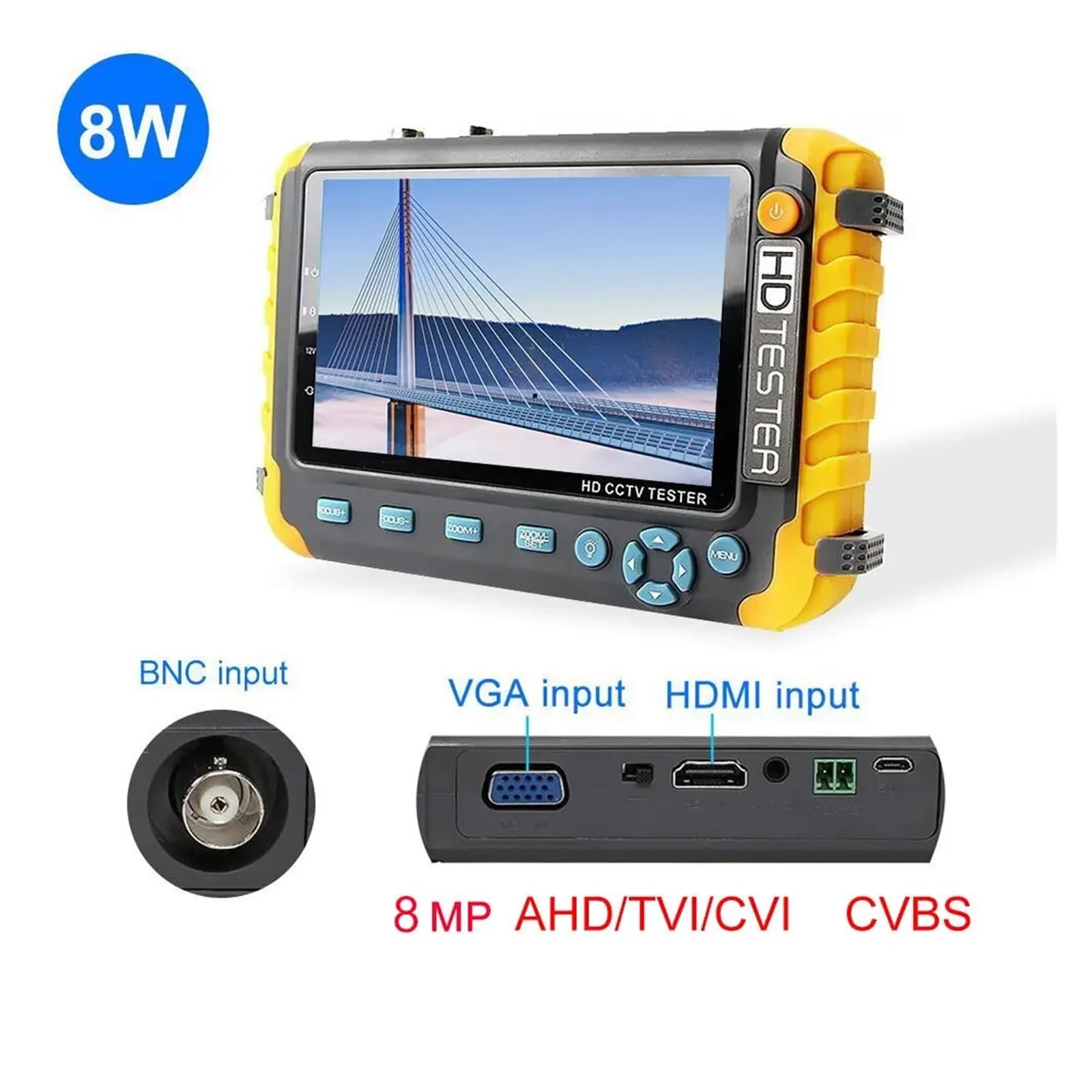 Testeur de vidéosurveillance 8mp, Moniteur de caméra 5 Pouces 4K AHD/CVI/TVI CVBS, testeur de caméras analogiques avec entrée VGA, Mini Moniteur CFTV CCTV(8W-EU)