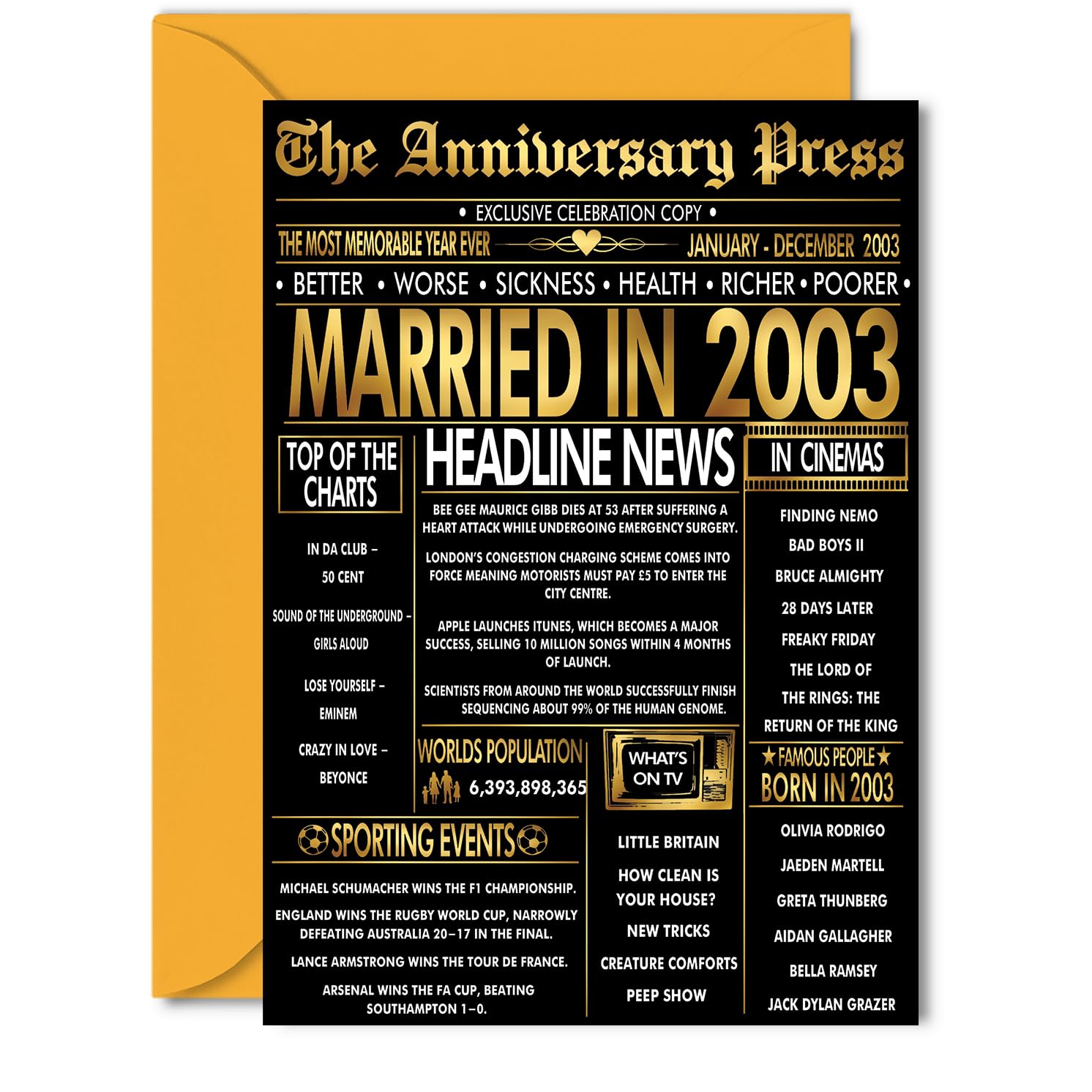 Gold 23rd Anniversary Card for Women Men - Golden Newspaper Married in 2003-23 Year Wedding Anniversary Card for Husband Partner Wife Companion, 5x7 Inch Anniversaries Greeting Cards