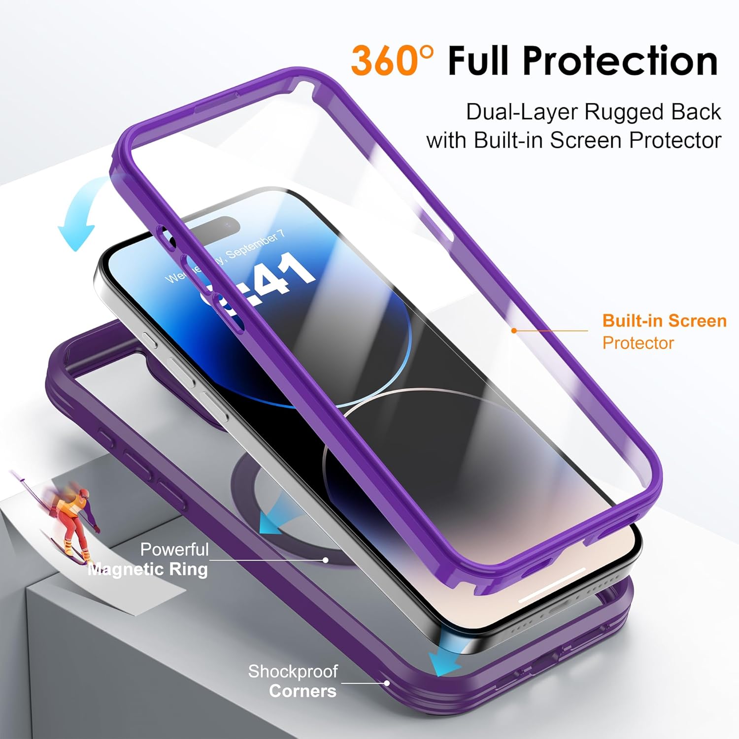 for iPhone 14 Pro Max Case with Invisible Magnetic Stand, Compatible with Mag-Safe Translucent Matte with Built-in Screen Protector, Shockproof Protective Phone Case for Women Men, Purple - Image 3