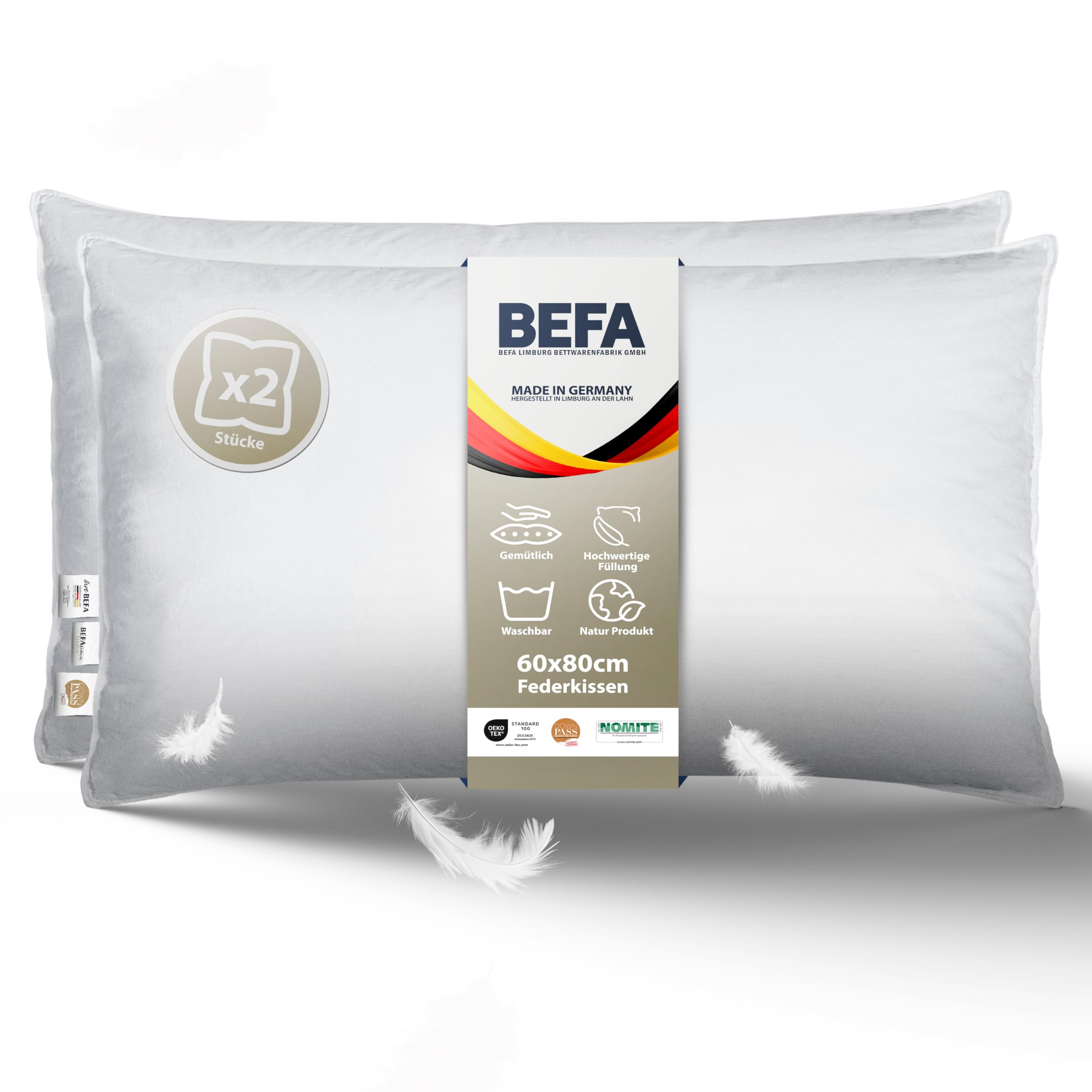 BEFA NATUR Donskussen, 70 x 90 cm (2 stuks), 3-kamer hoofdkussen, 90% dons en 10% verenkussen, elk 1380 g vulgewicht, mensen met een allergie (NOMITE), dierenwelzijn (DOWNPASS), Oeko-Tex klasse 1