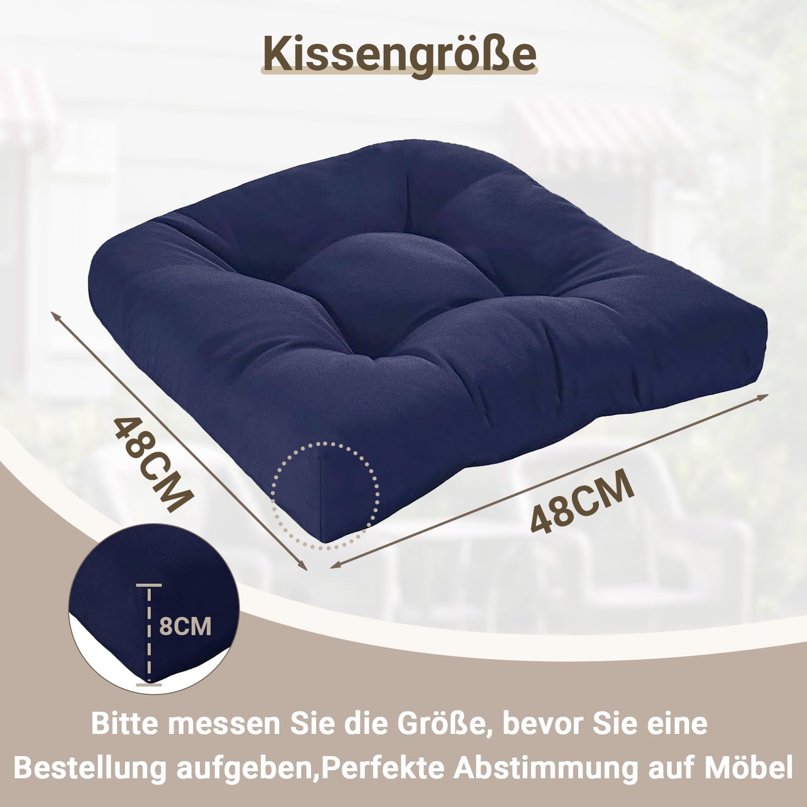 Cuscino per sedia da esterni, per balcone, semicircolare, 48 x 48 cm, impermeabile, con schienale basso, set da 2 pezzi, moderno spessore con nastri, per ufficio, sedie da giardino e poltrona
