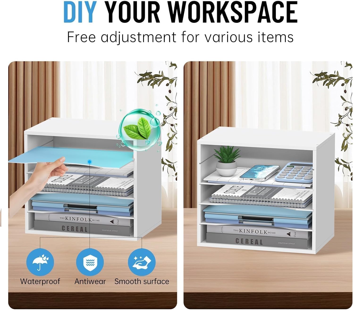 5-Tier Wood Desk Organizer, Paper Tray Organizer for Desk with Adjustable Storage Shelves, Desktop File Organization Paper Sorter Mail Holder for Office Home Classroom, White