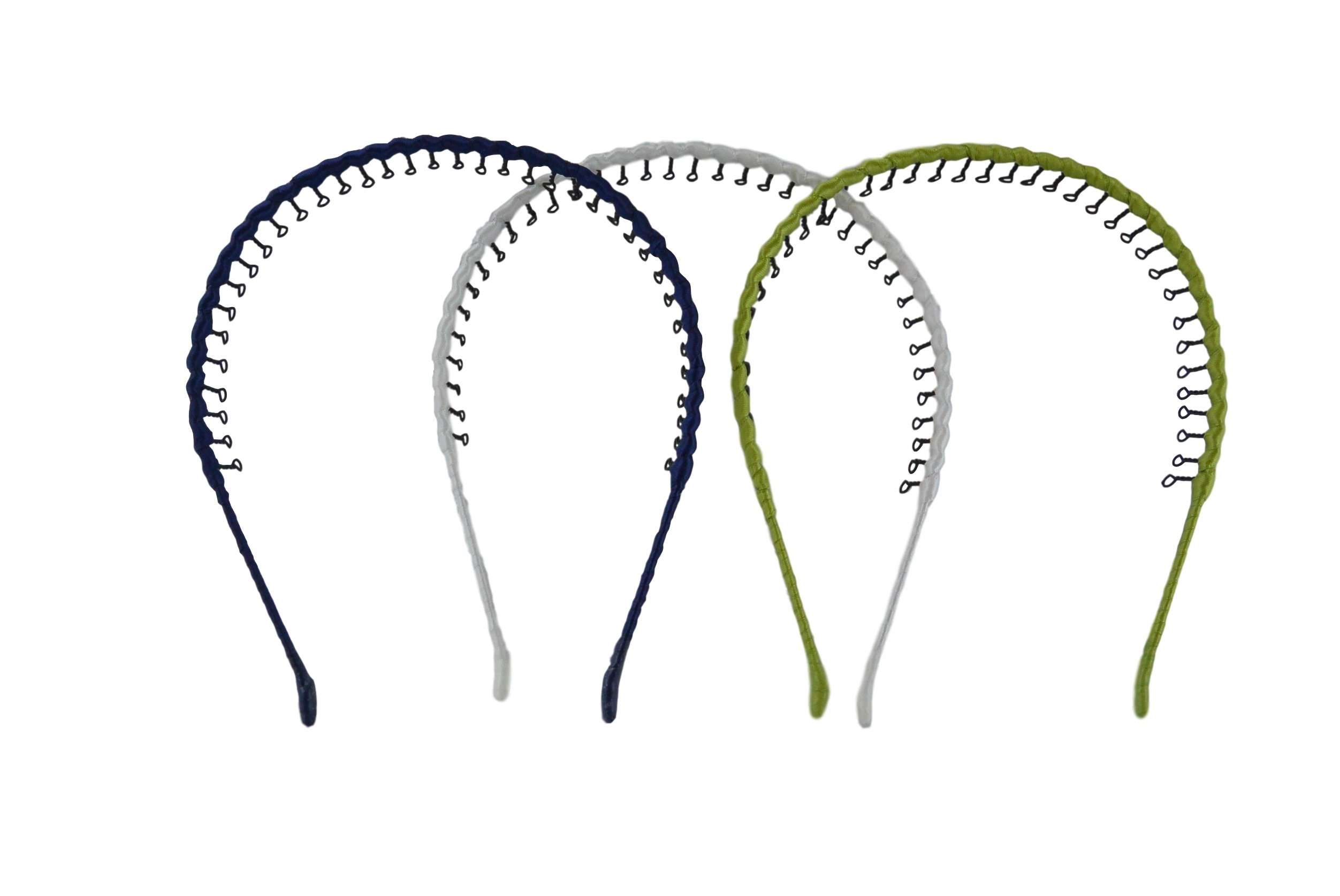 Quality Womens Ribbon Wrapped Comfort Headbands Shapeable for a Custom Fit (One Bright Navy, One White, One Lemon Grass Green)