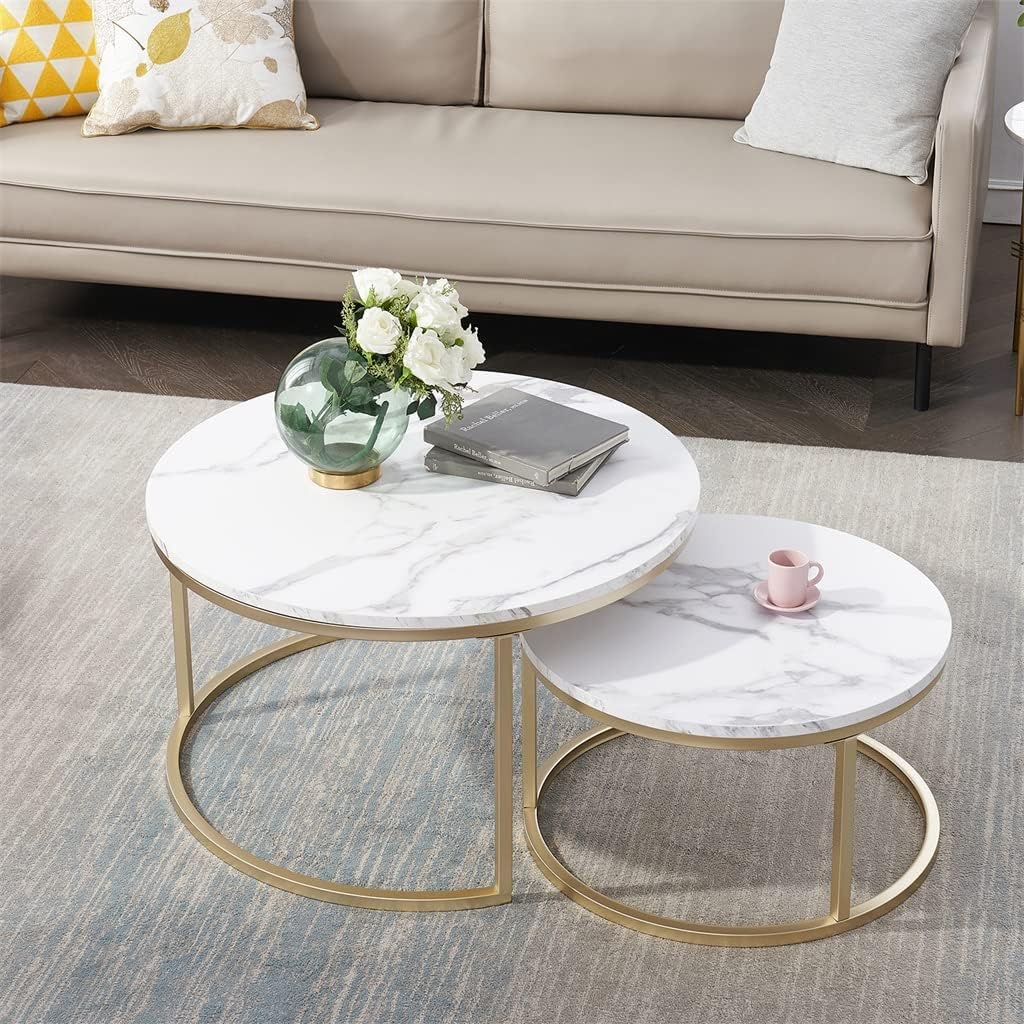 Side Table/End Table,2 in 1 Marble Texture Coffee Table for Living Room Sofa Side Round Combination Home Furniture Metal Bracket