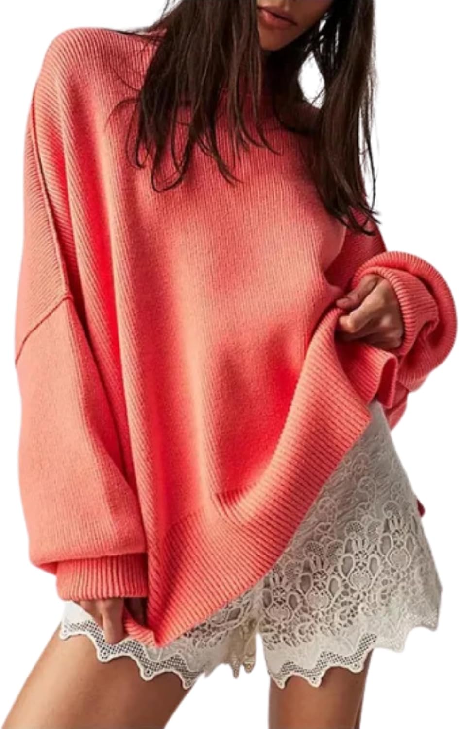 LIZALIG Women's Oversized Batwing Casual Sweaters Fall Outfits Knit Side Slit Fashion Crewneck Pullover Batwing Tops