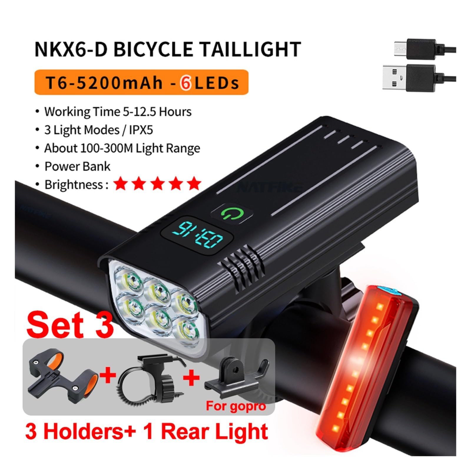 1 Juego de Luces for Bicicleta de 10000 mAh y 8 LED.