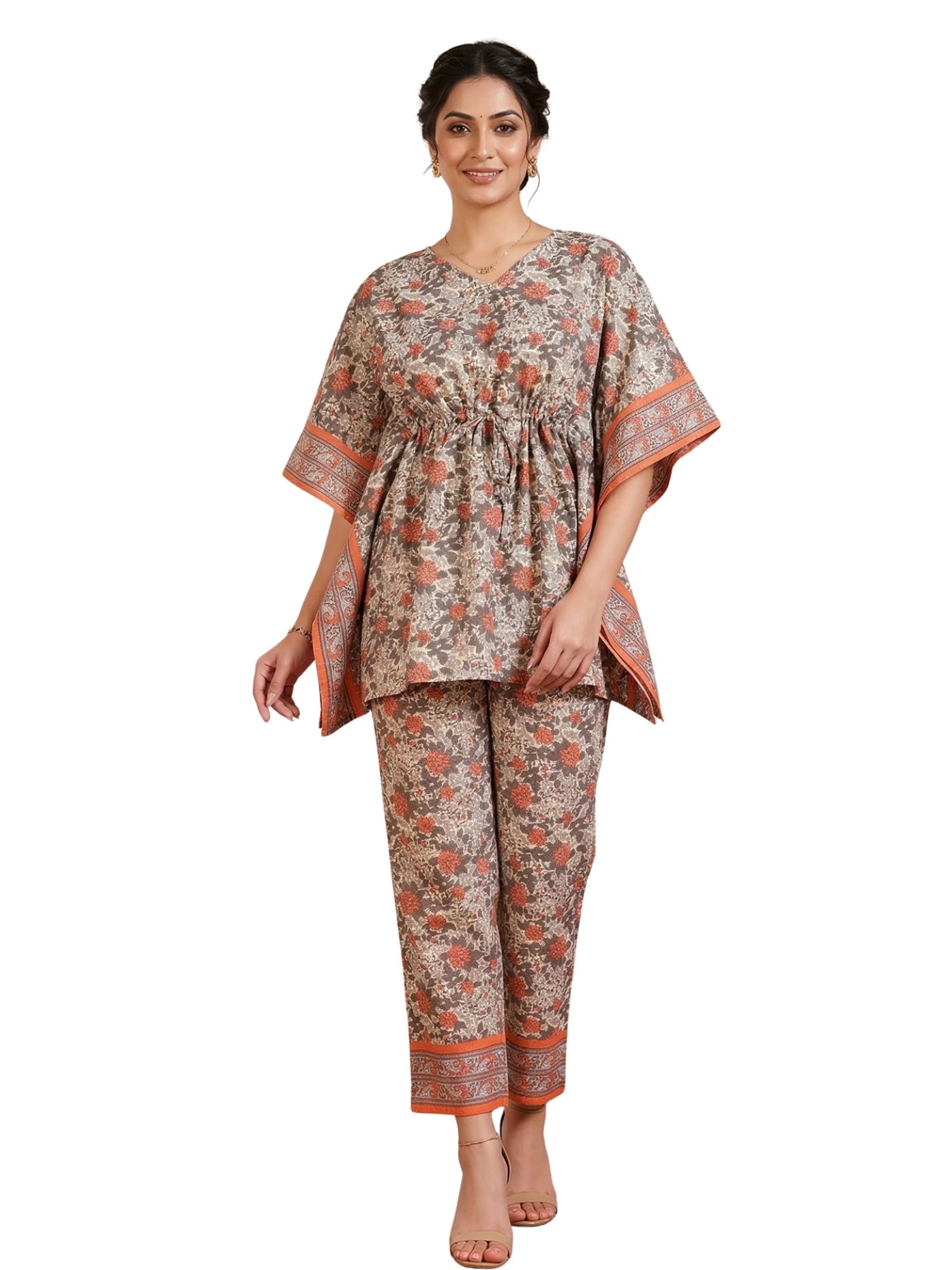 ikrass Women Pure Cotton Floral Printed Kaftan Co-Ord Set V-Neck Drawstring Waist Kaftan Top with Straight Pants Lounge & Vacation Wear Co-Ord Set for Women-picture-14