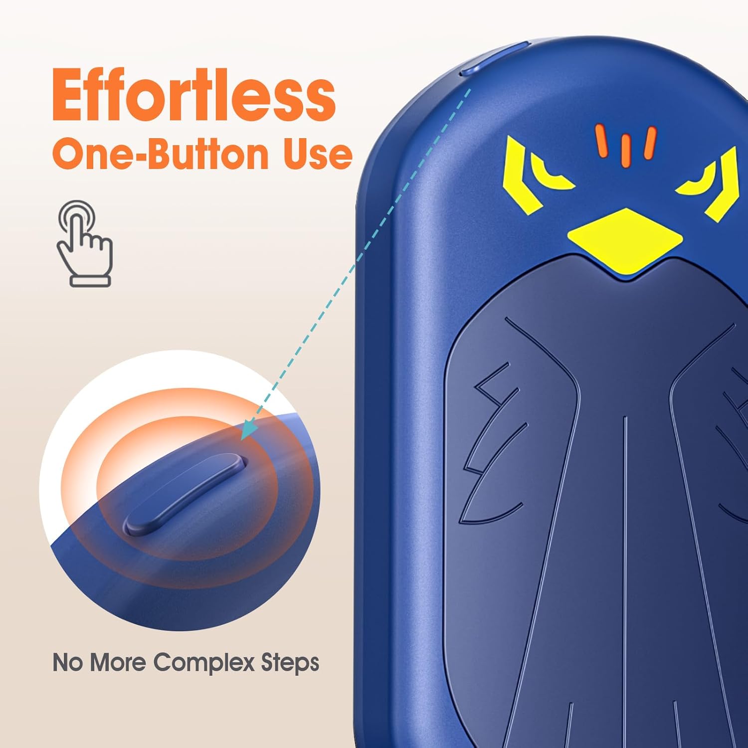 Image showing the hand warmer with a finger pressing the power button and text 'Effortless One-Button Use'
