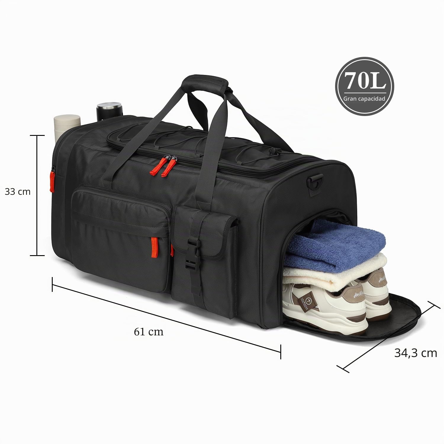Bolsa de viaje para hombre grande 70L bolsa de deporte para fin de semana mochila con compartimento para zapatos, bolsa de entrenamiento para mujer para gimnasio, viajes, Negro