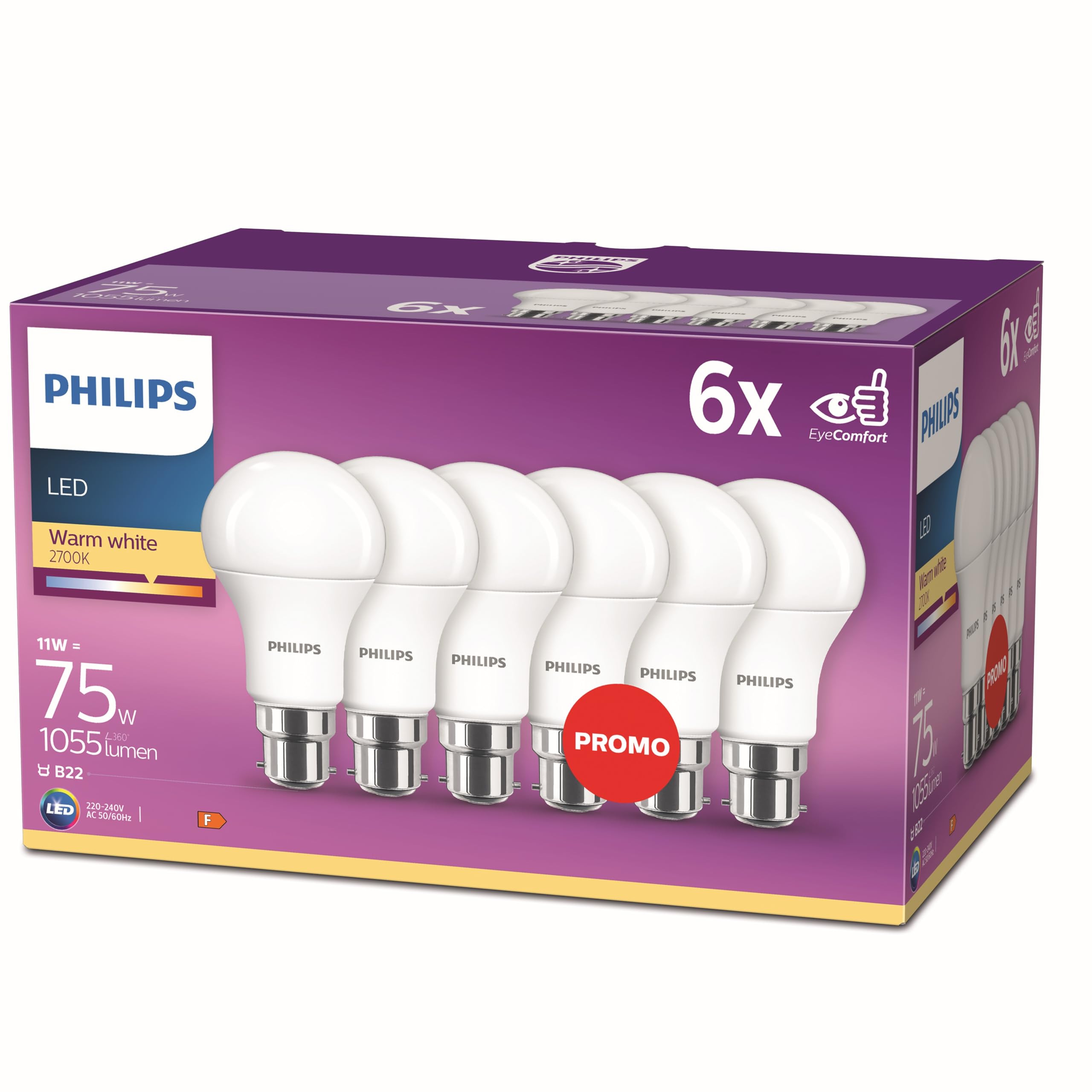 Philips ampoule LED Equivalent 75W B22 Blanc chaud, Non dimmable, Plastique, Lot de 6