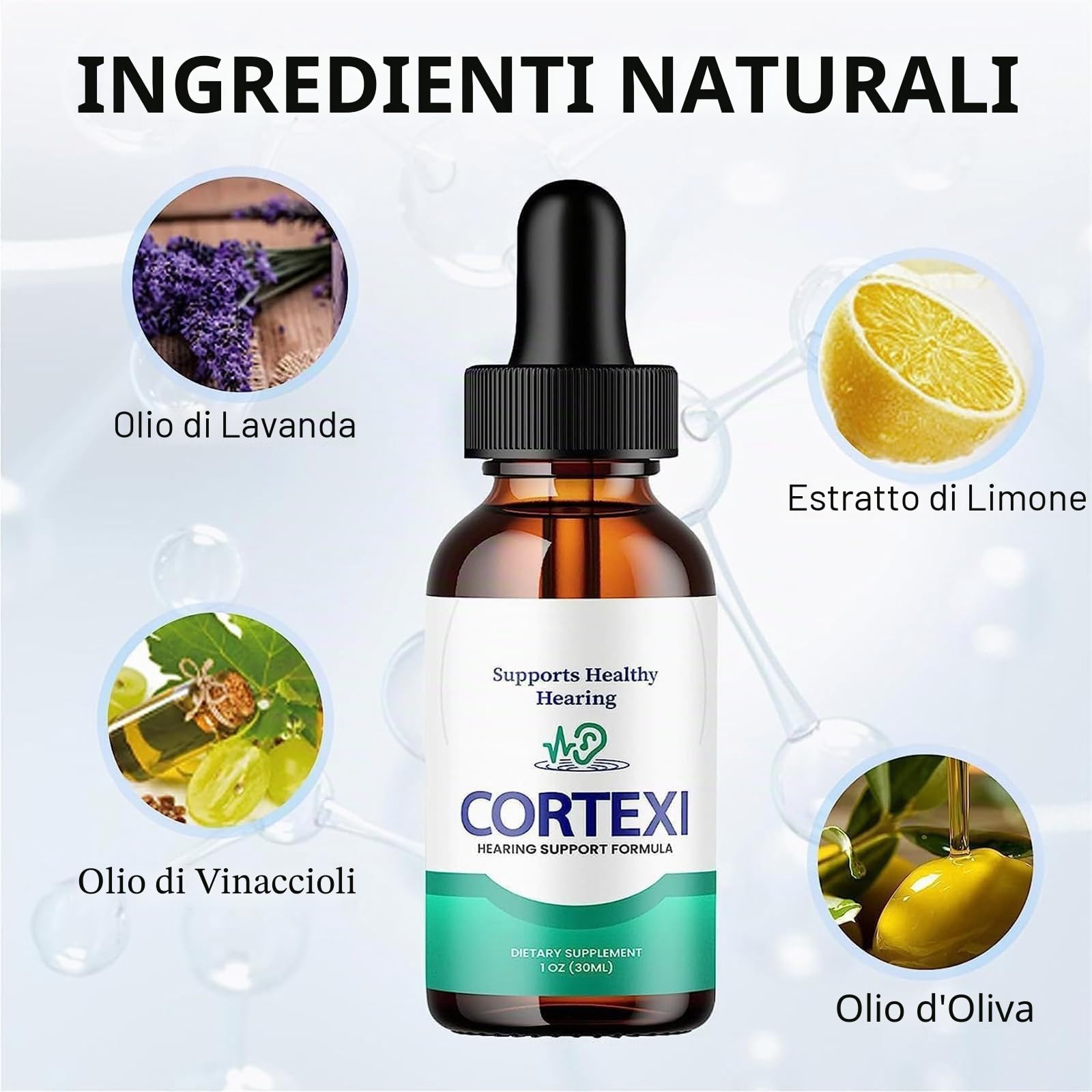 Cortexi - Gocce auricolari per acufene, cortexi, per la salute dell'orecchio, supporto dell'udito, sollievo dall'acufene, gocce per le orecchie all'olio d'oliva, olio d'oliva di grado medico per