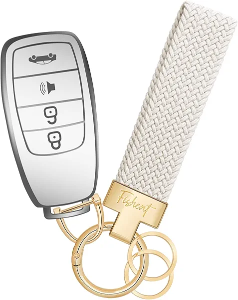 Fishent Stretchy Car Keychain, Nylon Braided Cool Key Chain for Women Men, Universal Key Fob Holder with 3 Keyrings, Anti-Lost D-Ring, Car Accessories, Starlight