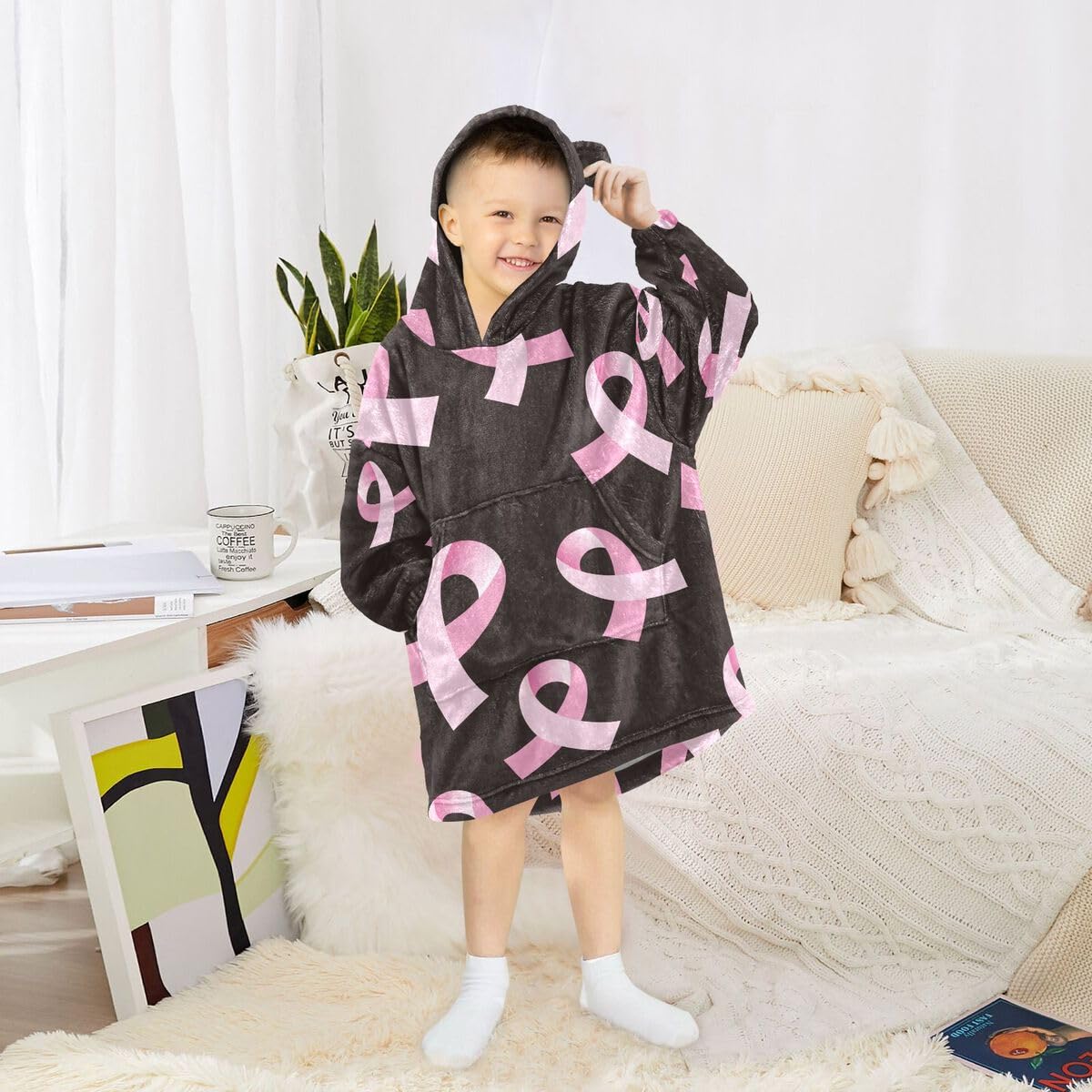Różowa kokarda dziecięcy koc do noszenia bluza z kapturem oversize bluza koc sweter dla chłopców i dziewcząt w wieku 3-14 lat