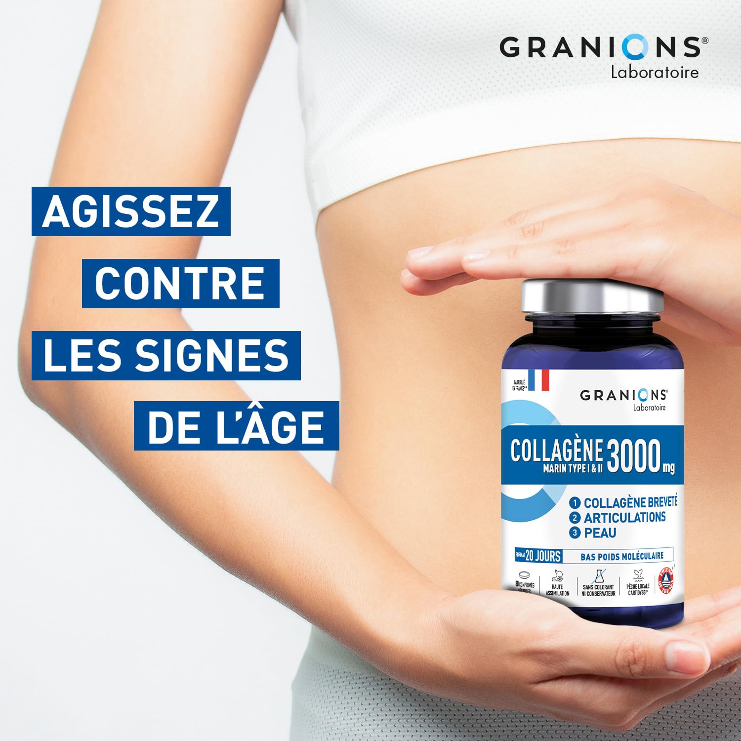 COLLAGÈNE MARIN 3000 MG GRANIONS - Collagène Marin Hydrolysé Type I & II - Avec Cuivre et Manganèse - Peptides de Collagène - Complément Alimentaire - 80 comprimés