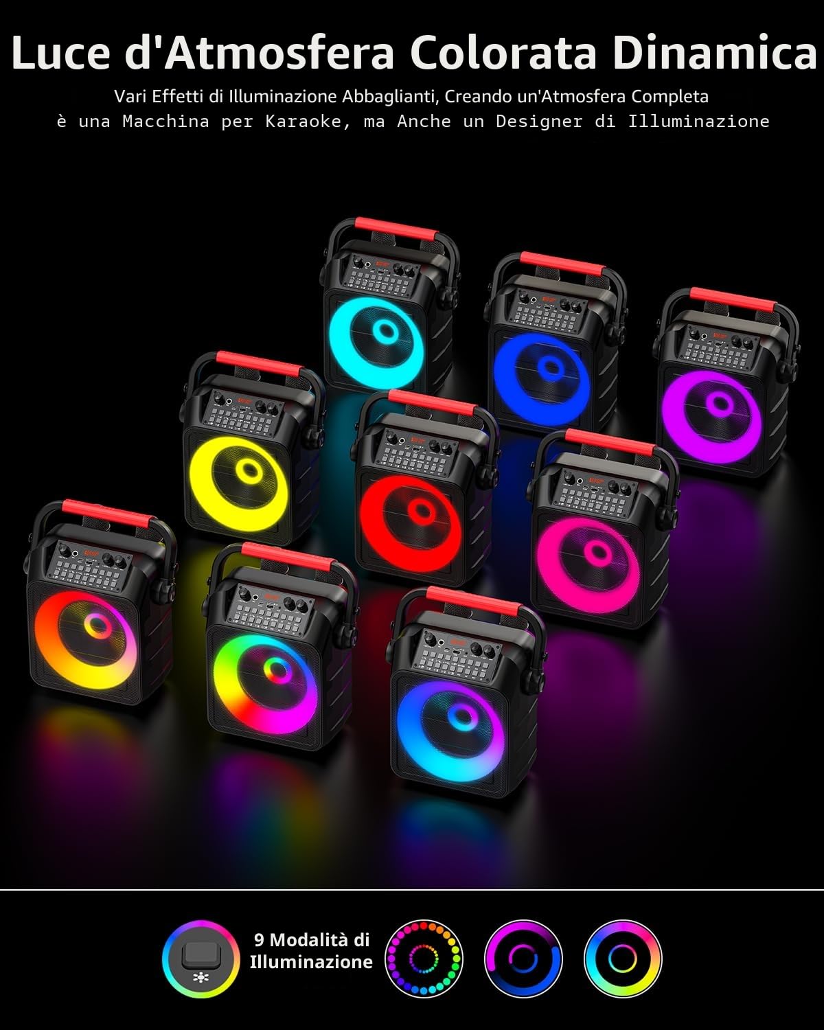 Karaoke con 2 microfono，Cassa Portatile Bluetooth con LED Luci,karaoke professionale completo,Ideale per Home Party e Regalo,Stereo TWS,Supporta USB/TF/AUX