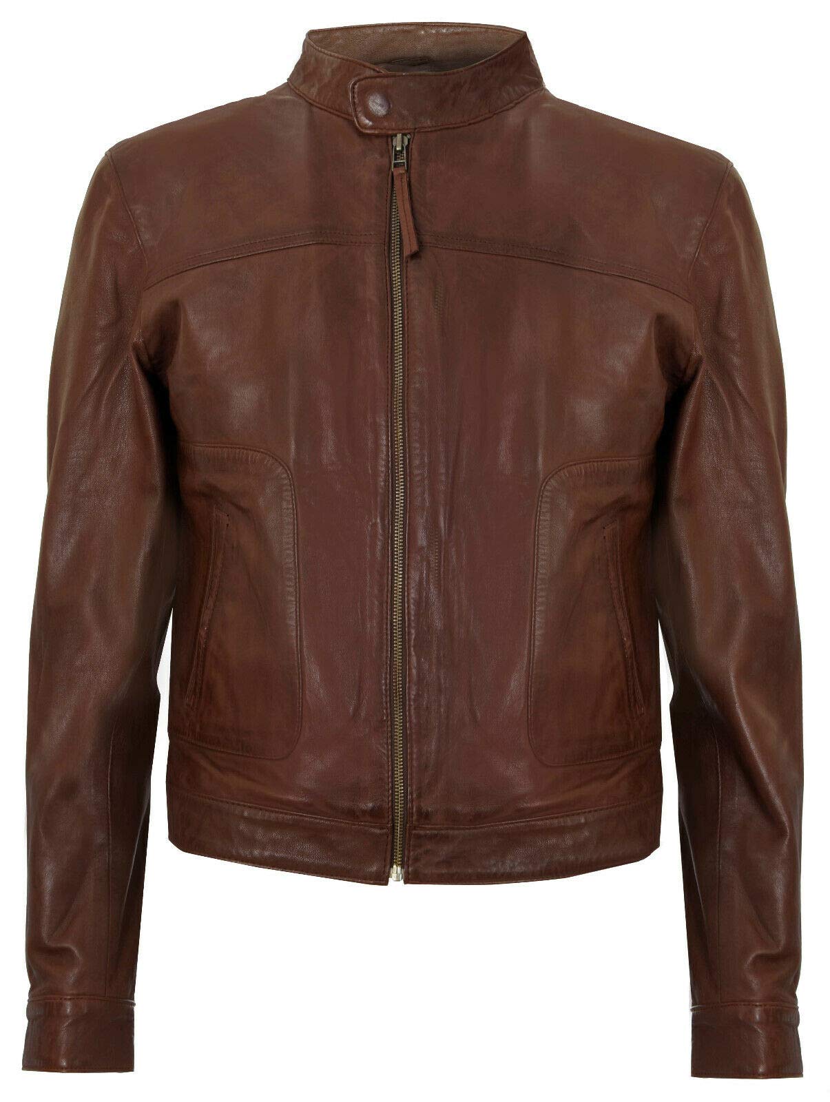 Infinity Leather Men's Brown Fitted Real Soft Genuine Leather Classic Collar Harrington Jacket Xl