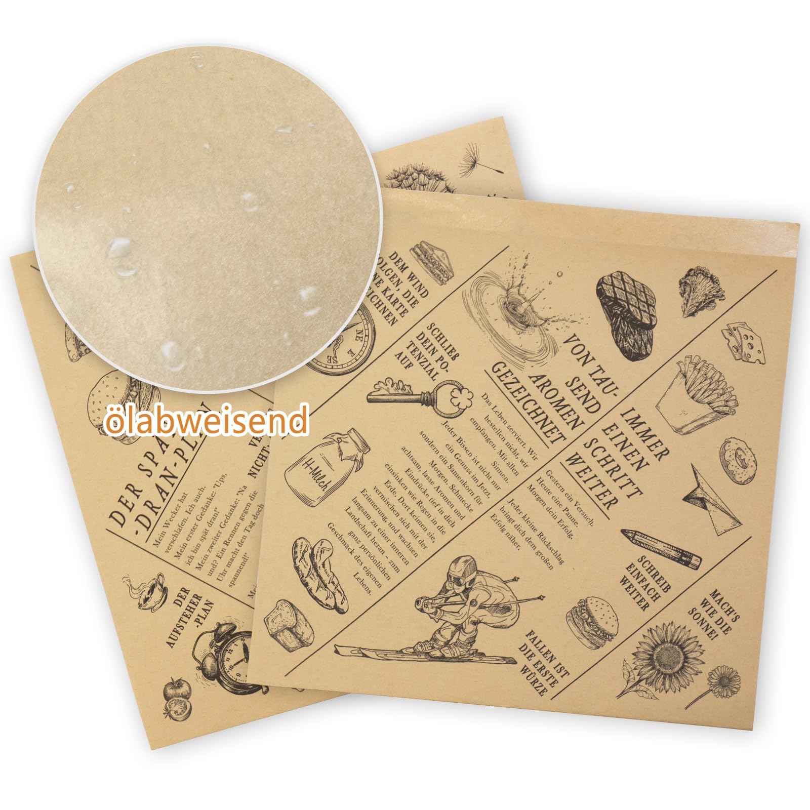 150 Stück Burger Tüten 18 x 18 CM, Einweg-Papiertüte für Lebensmittel beidseitig auf Deutsch bedruckt, ideal für Picknick, Feiern und den Haushalt