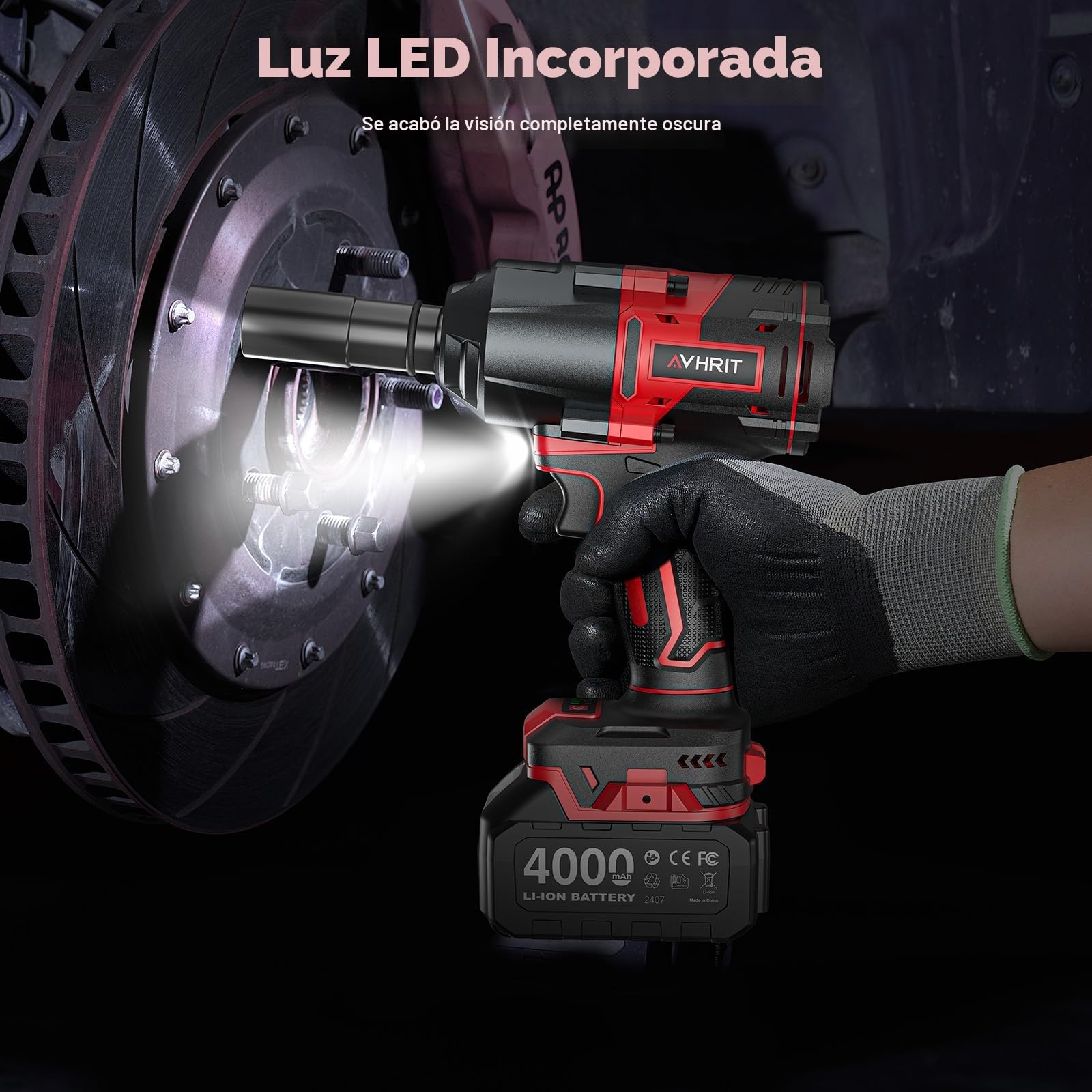 Llave de Impacto Inalámbrica 1600N.m con 2x 4000mAh Baterías, 1/2 Pistola de Impacto Batería, Eléctrica Llave de Impacto para Coches Camiones, con 5 Enchufes