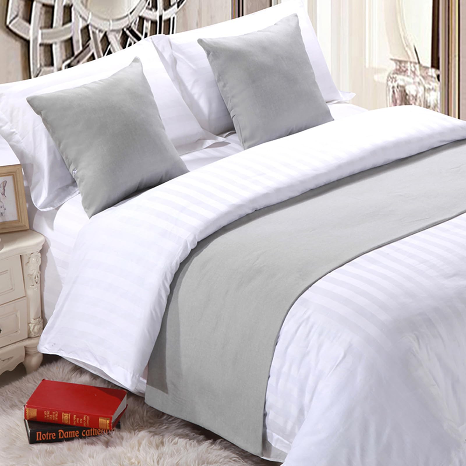 QRGMKL Premium Bed Runner for Foot of Bed, Solid Color Bed Scarf Cotton Linen Bedspread Home Decoration Hotel Bedroom Bedding Protector-Beige Gray||2 Pillowcases(45X45cm)