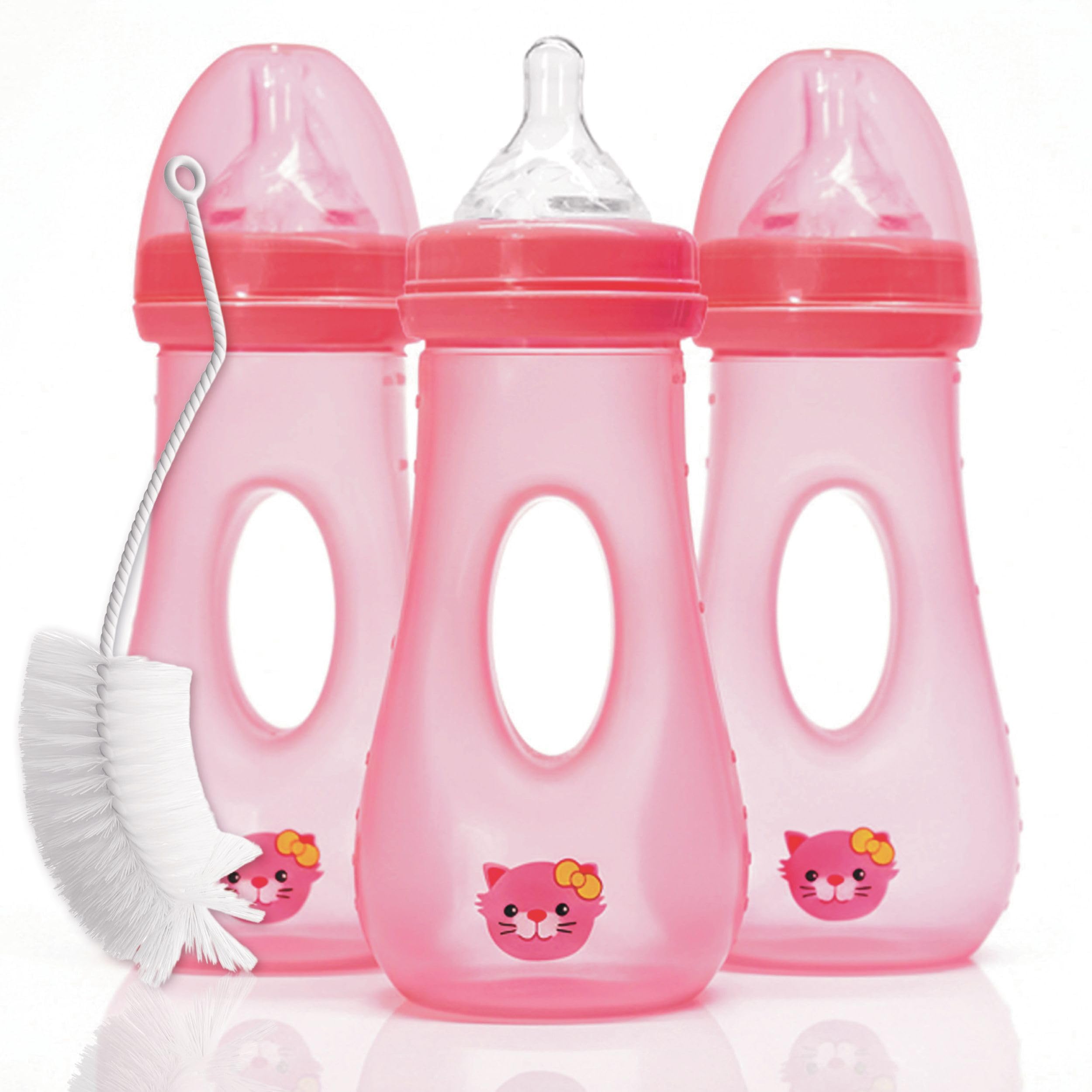 Avima Easy Grip Anti Colic Baby Bottles, BPA Free, 8 oz. Wide Neck w/Medium Flow Silicone Nipples & Bottle Brush Pink Set (Pack of 3)