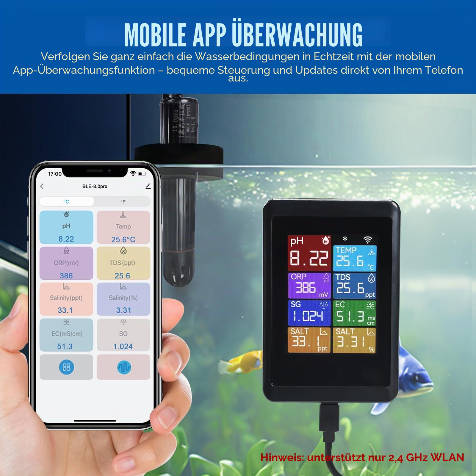 TEKCOPLUS Digitales pH-Messgerät, WLAN, Wasserqualitätsmonitor mit Sonde für Aquarien, Hydrokultur, Schwimmbäder, Teiche, Laboratorien, 8-in-1, misst pH Temp TDS EC Salzgehalt ORP SG