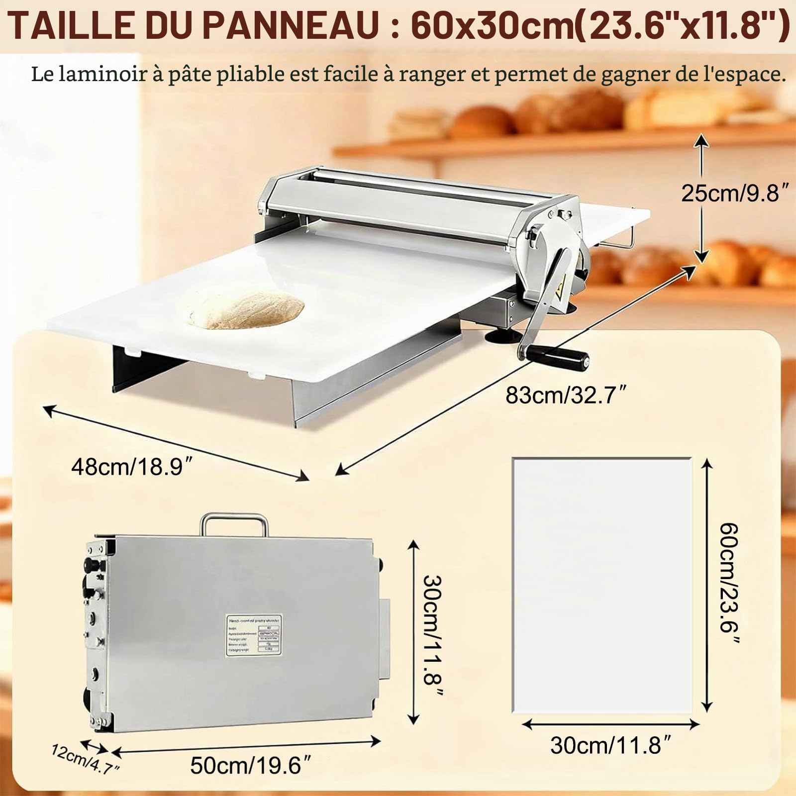 Laminoir à pâte à épaisseur réglable, Machine à laminer la pâte Pliable, avec Plaque de laminage, Machine à laminer la pâte Manuelle, pour Pizzas, Croissants 60x30cm