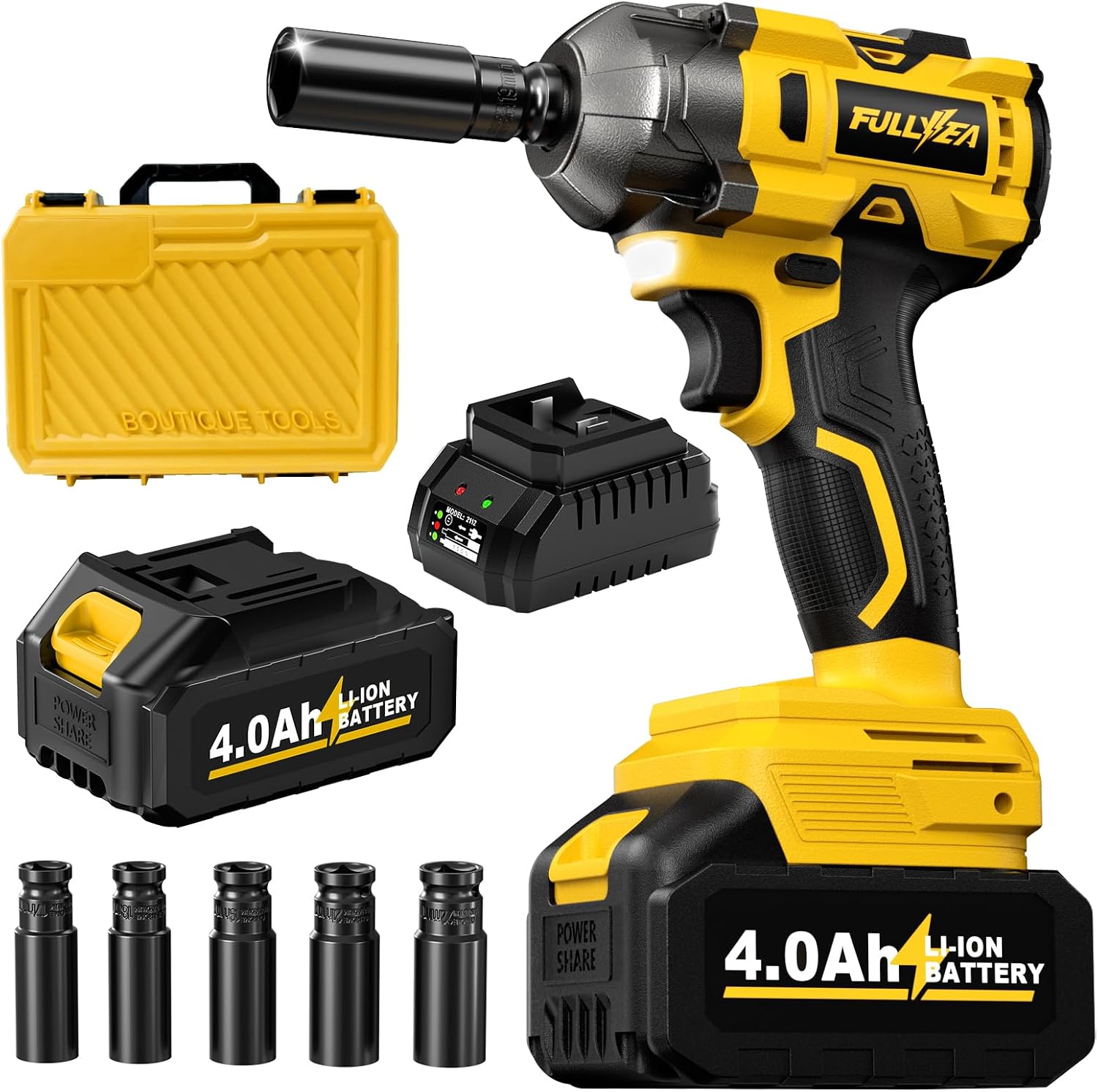 FULLYEA Cordless Impact Wrench 1/2, Max 550N. M/406Ft-lbs High Torque Brushless Impact Wrench, Power Impact Gun Kit with 21V 4.0Ah Battery & Fast Charger, Electric Impact Driver for Truck RV Home Car