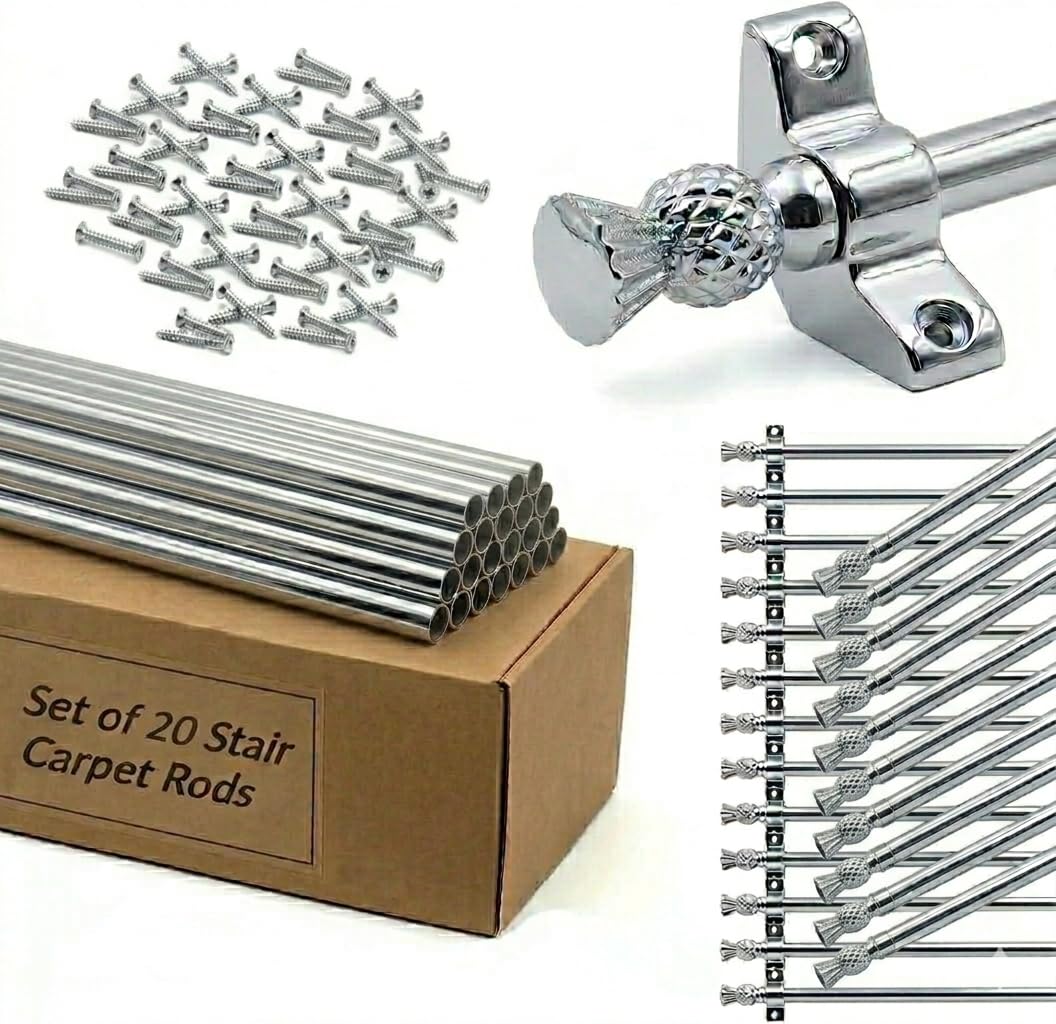 Set of 20 Stair Carpet Rods, 70cm Satin Chrome Stair Runner Rods with Thistle Finials, Heavy Duty Metal Rods, Complete with Brackets & Fixings, Suitable for Carpet Runners up to 70cm Wide