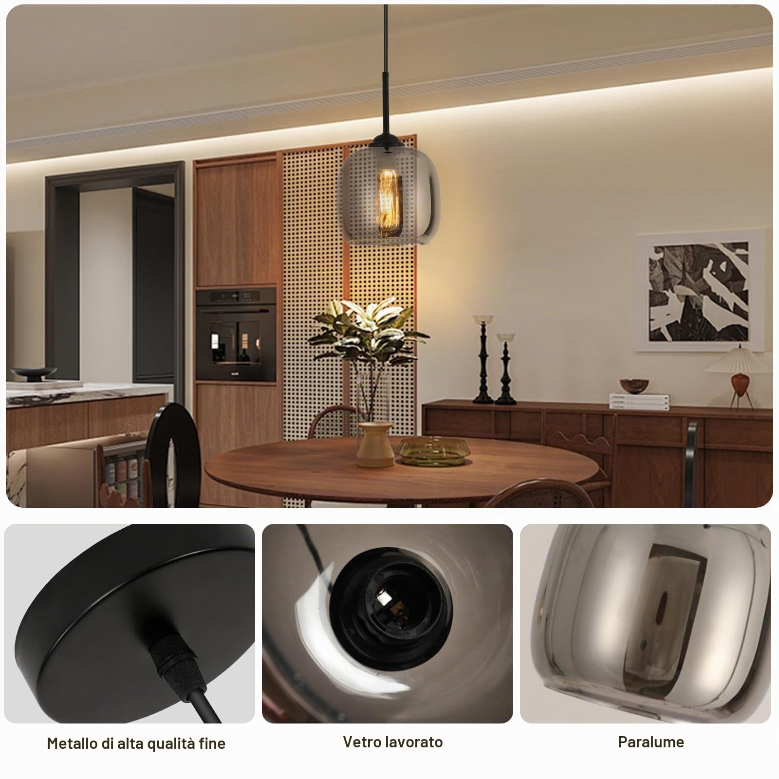 Lampada a sospensione Moderna, Lampadario in Vetro Grigio Fumé, Filo Sospeso Regolabile, Lampadario per Cucina, Tavolo da pranzo, Camere da letto (E27, Escluse le lampadine)