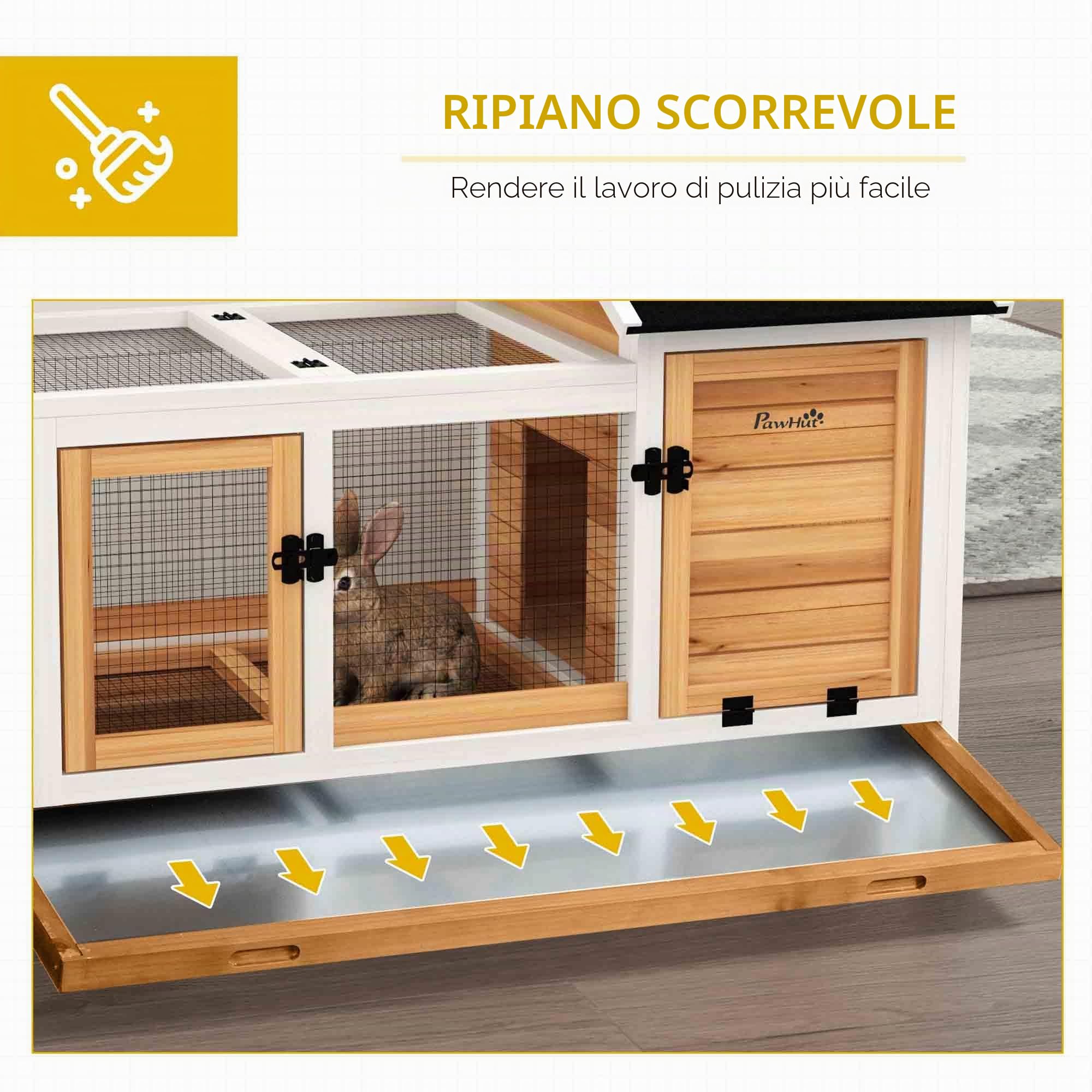 PawHut Conigliera su ruote 2 porte con serratura e cassetto per gli escrementi - dim. 108L x 58L x 73,5H cm - legno giallo