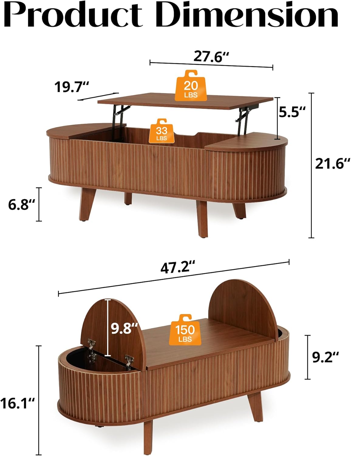 A detailed diagram showing the dimensions of the coffee table, including length, width, height, and internal storage dimensions, along with weight capacities for the lift-top and internal storage.