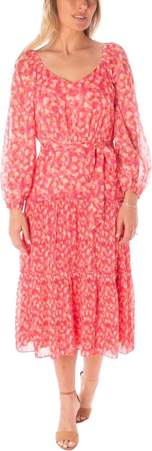 Maison Tara Women's Long Sleeve Chiffon Ruffle Tiered Midi Dress