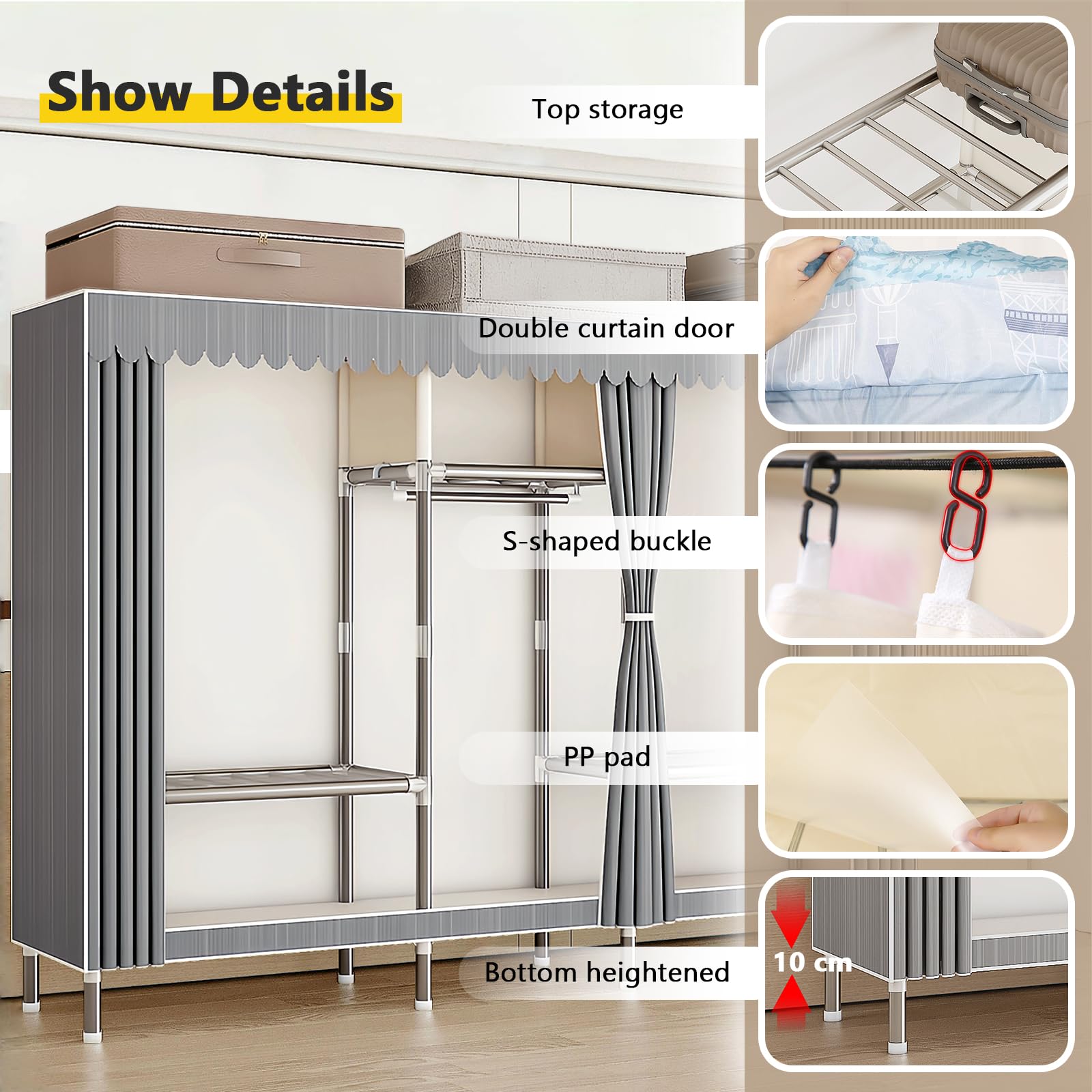 Armoire De Rangement en Tissu, Penderie avec Housse, Armoires Portable avec Barre De Suspension Et Étagères, Rangement Armoire Vêtement 168 X 46 X 173 cm