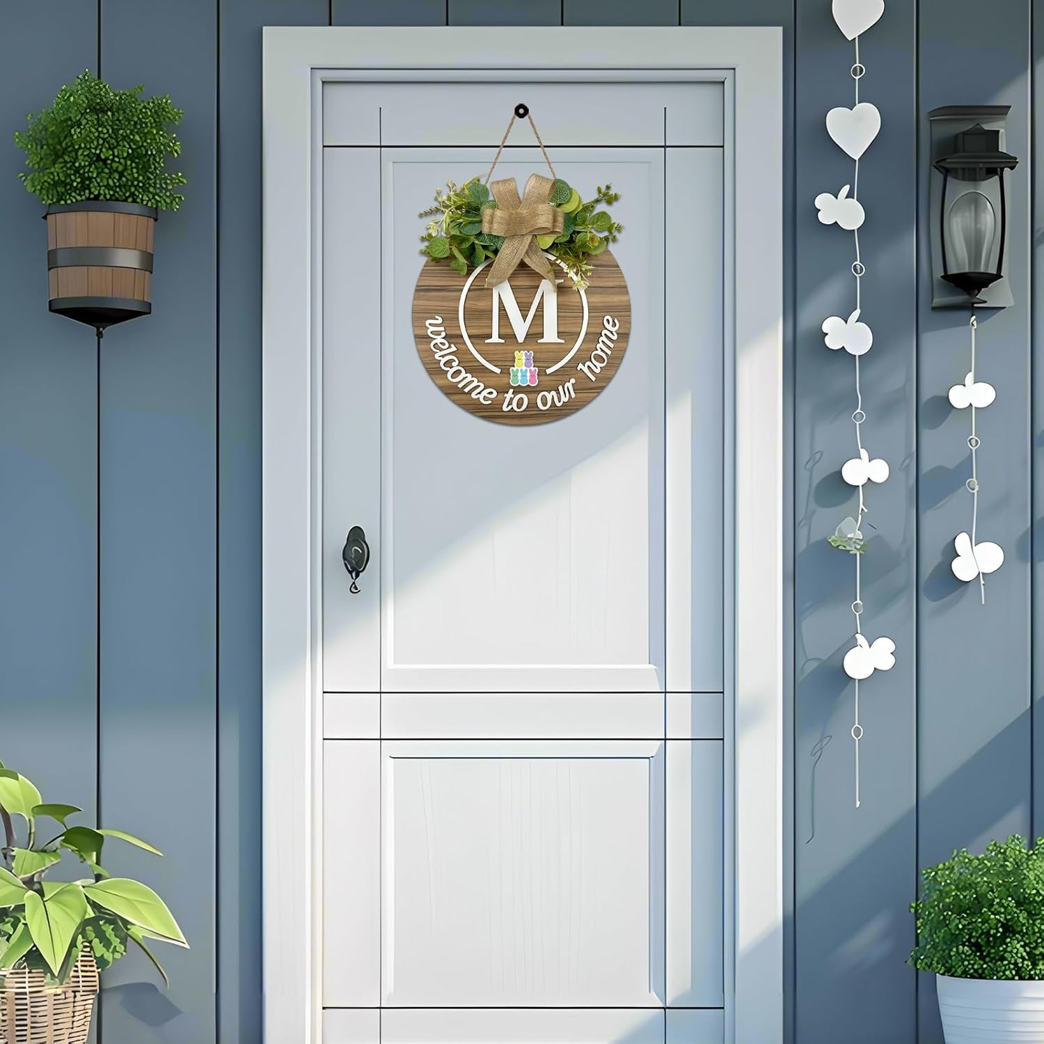 Interchangeable Seasonal Monogram Letter M Welcome Sign Front Door Decor Wooden Wreaths for Front Door Wreath Rustic Initial House Warming Porch Wall Home Decorations for All Seasons