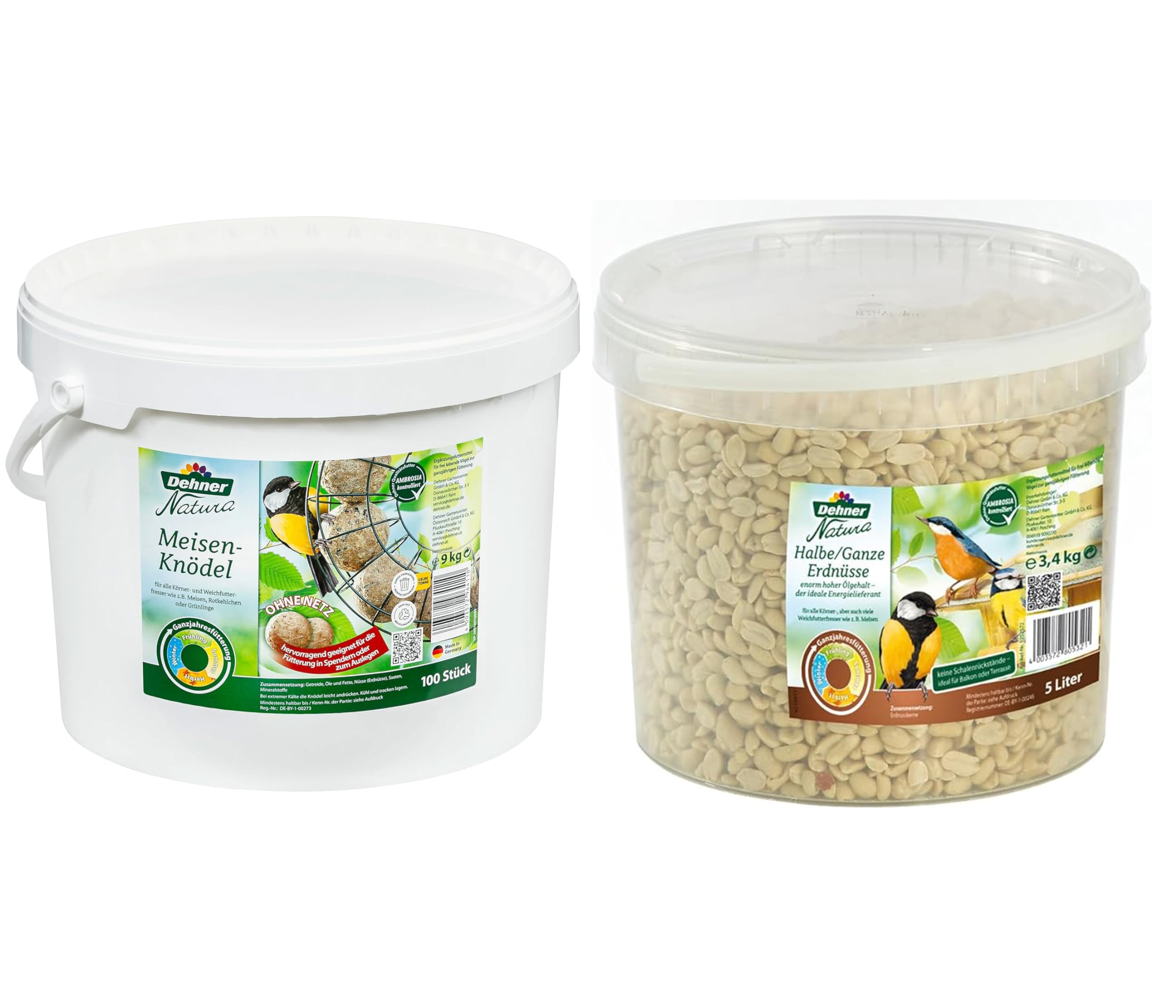 Dehner Natura Wildvogelfutter, Meisenknödel, ohne Netz, 100 Stück (10 kg) & Natura Wildvogelfutter, halbe/ganze Erdnüsse, 5 l (3.4 kg)