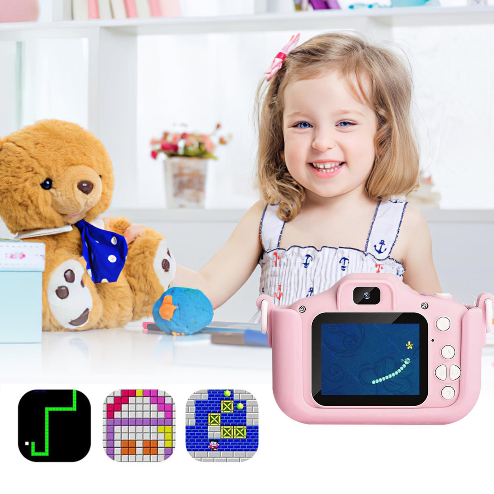 Mini Fotocamera Bambini Ricaricabile 1080P HD 2 Pollici – Macchina Fotografica Digitale 20MP con Doppio Obiettivo Selfie, Scheda SD 32GB e Custodia Silicone Antishock – Giocattolo Educativo, Regalo Id