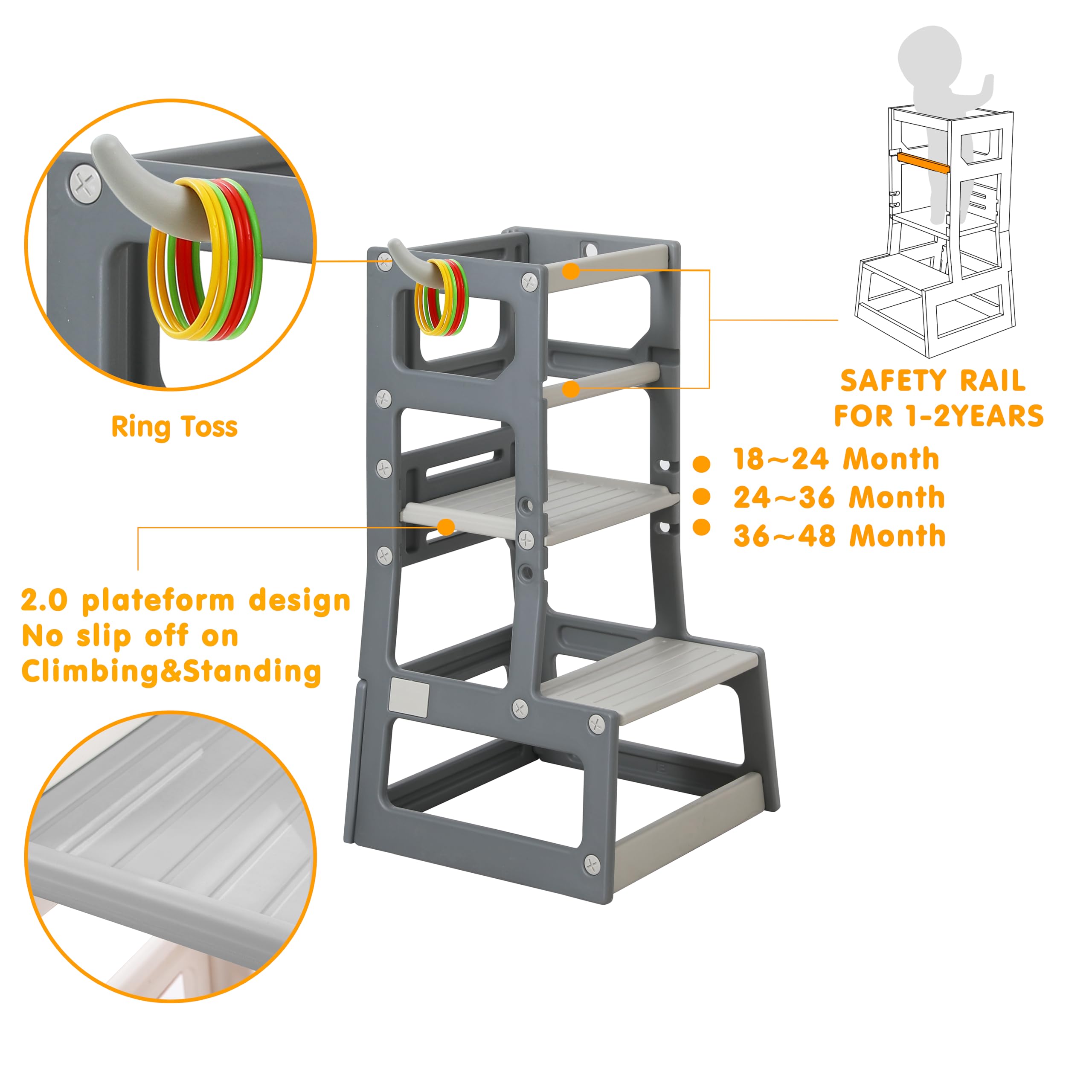 SDADI Adjustable Height Kids Kitchen Step Stool with Removable Safety Rails and Anti-Slip Protection- Toddler Standing Tower with with Ring Toss for Learning and Playing (Dark Grey and Light Grey)