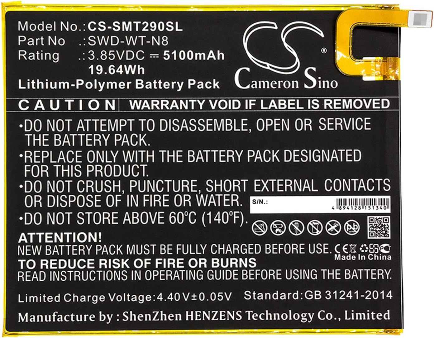 Cameron Sino Battery for Samsung Galaxy Tab A 8.0 2019, SM-T290, SM-T295, SM-T295C, SM-T295N PN:Samsung SWD-WT-N8 5100mAh