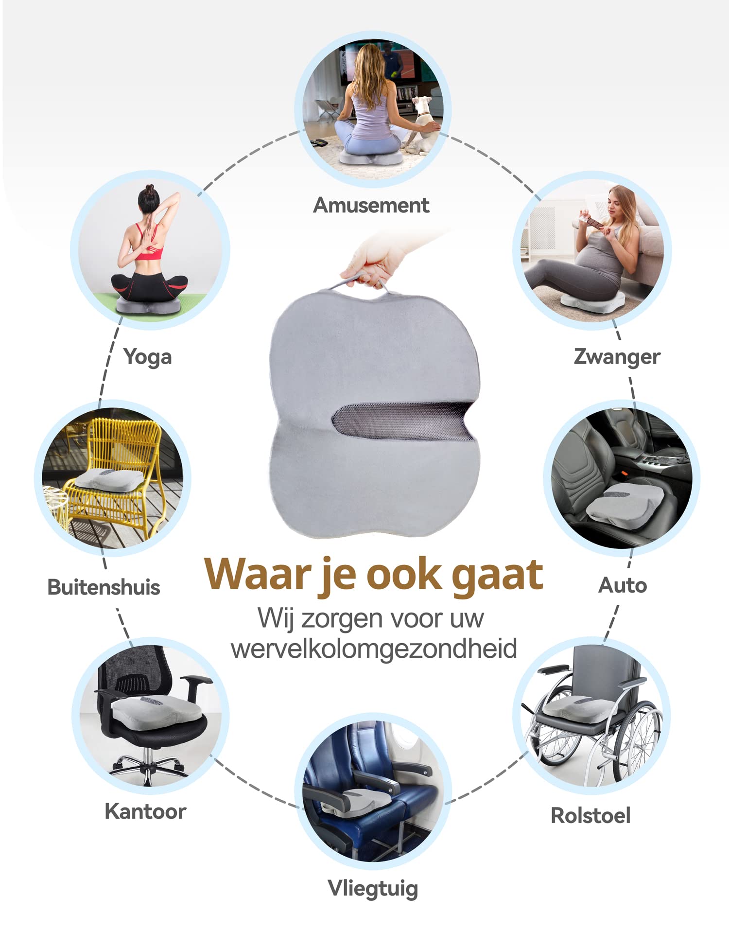 TRAVEL EASE Ergonomisch Lendensteun Kussen, Rugleuning van Traagschuim voor Autostoel, Bureaustoel, Gamestoel, Rugleuning met Antistatische Hoes en Dubbele Verstelbare Banden, Beige