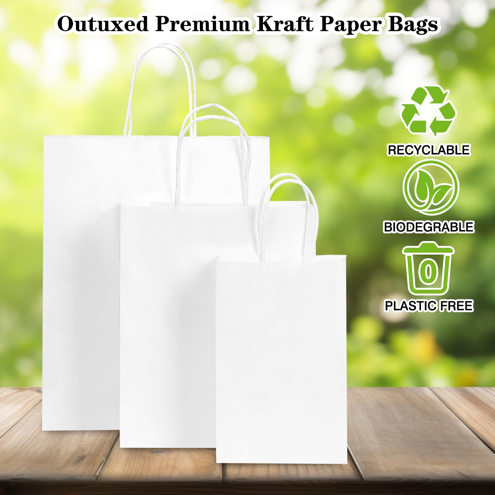 OUTUXED 120 bolsas de papel con asas de varios tamaños, bolsas de papel blanco kraft a granel, 3 tamaños mixtos, bolsas de regalo, bolsas de venta al por menor para fiestas, cumpleaños, compras,