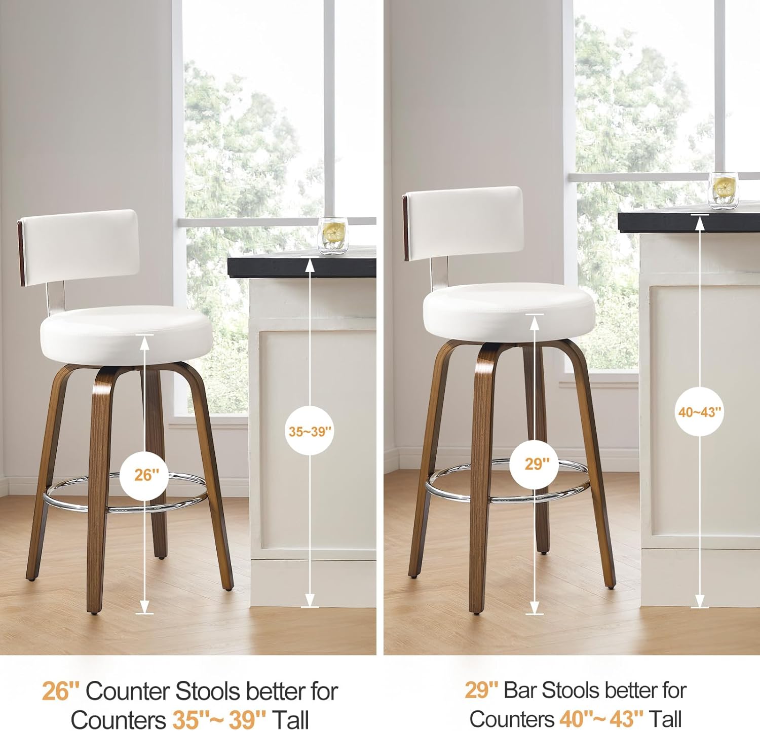 Bekrvio Swivel Bar Height Bar Stools Set of 3, Faux Leather Kitchen Stools Upholstered Barstools with Back, Walnut Wood Legs, Tall Bar Stools for Kitchen Island, 29 inch Seat Height, White