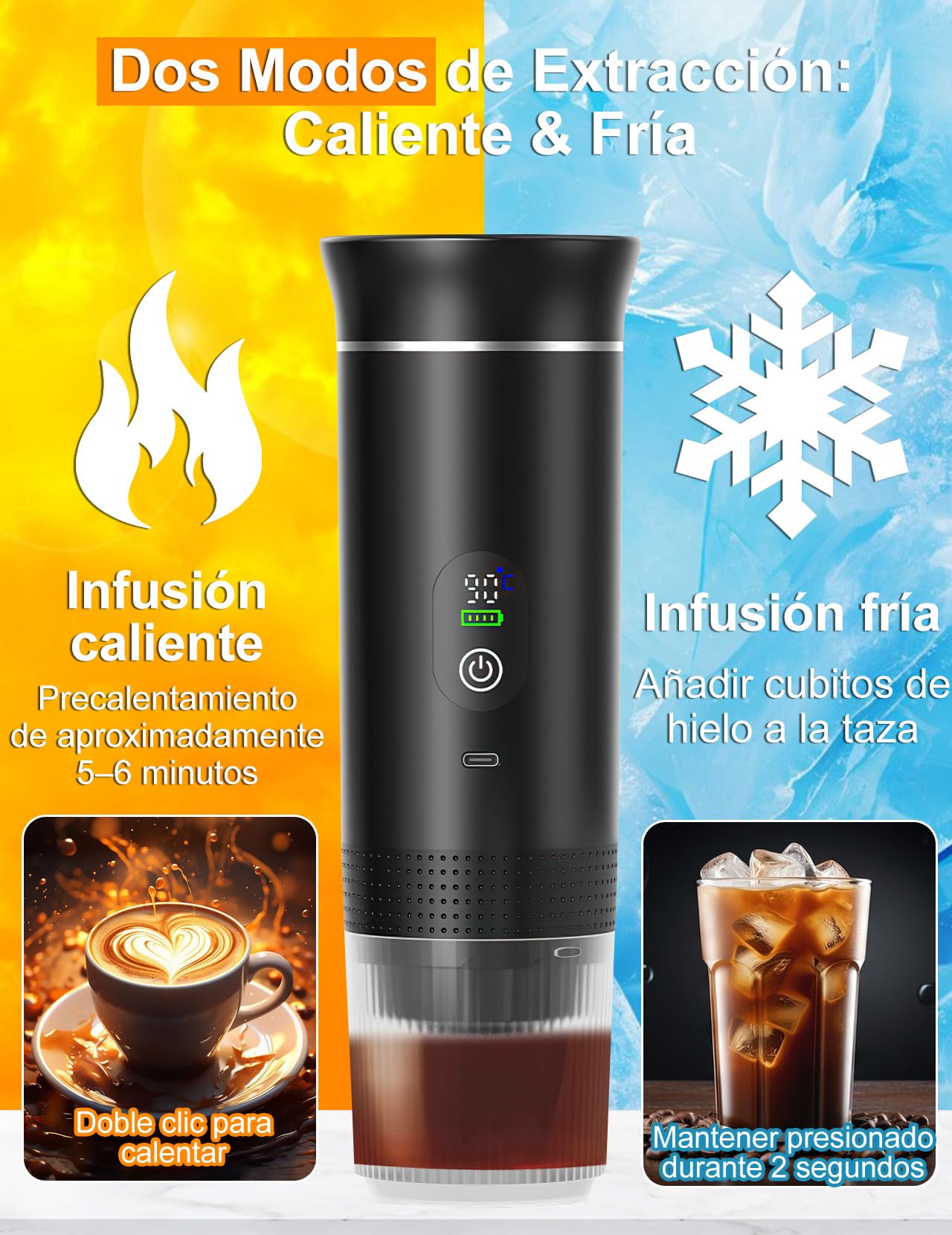 Cafetera Portátil, Cafetera Eléctrica Espresso con Autocalentamiento | 2 en 1 Compatible con Café Molido y Cápsulas de Café para Acampar, Hacer Senderismo y Viajar