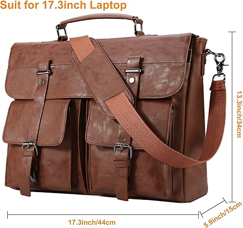 Miniatura 7 de Seyfocnia Bolso Mensajero de Cuero para Hombres, Bolso de Laptop de Cuero Vintage Maletín Morral, Bolsa de Computadora Escuela Trabajo de 17.3