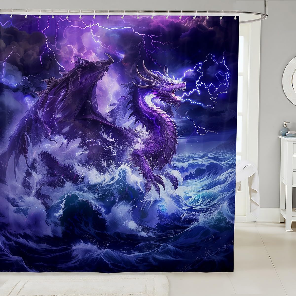 Rideau de douche dragon de l'Ouest imperméable chic avec 12 crochets inclus